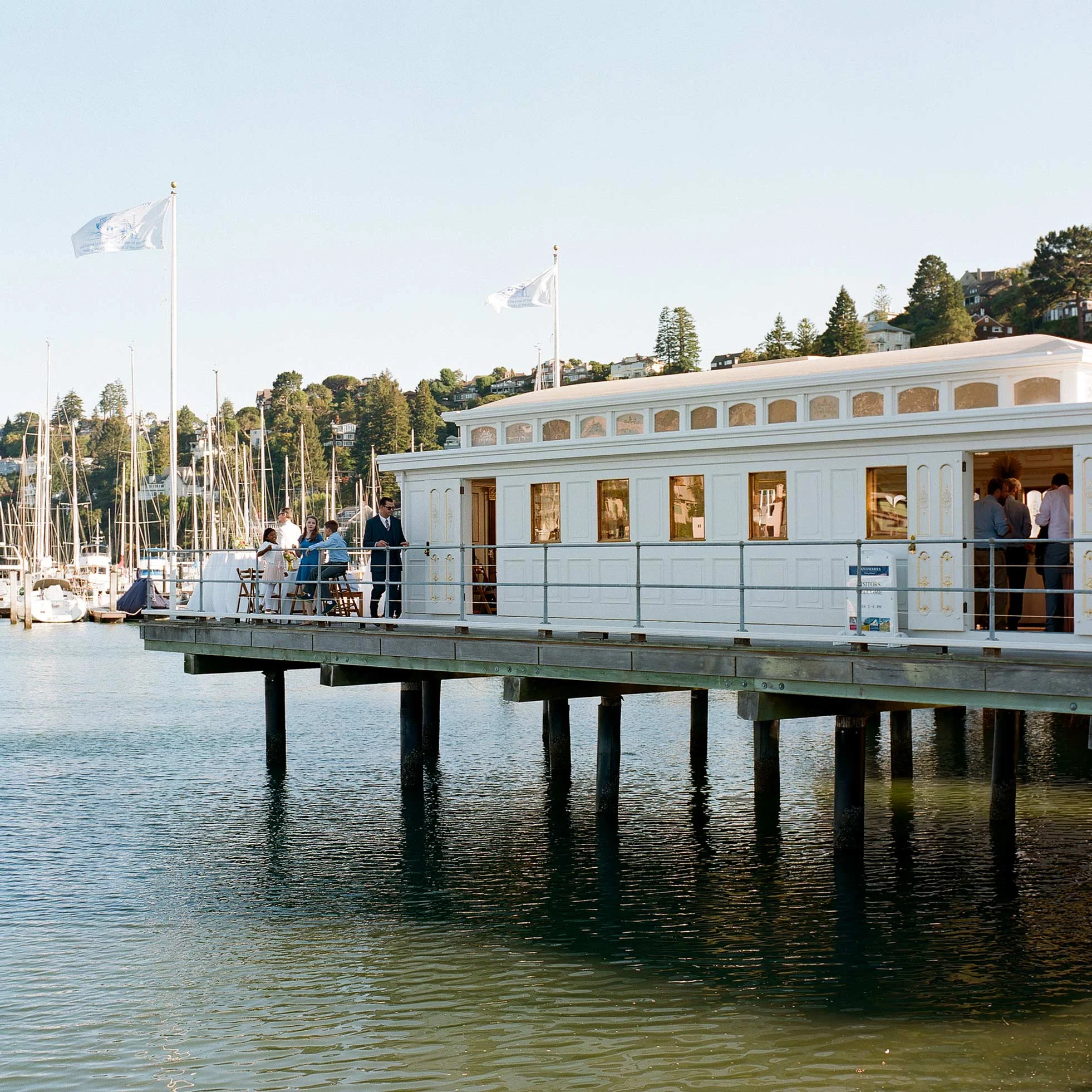 China Cabin sits right on a dock at the Tiburon harbor, and has views of the San Francisco skyline and bay.