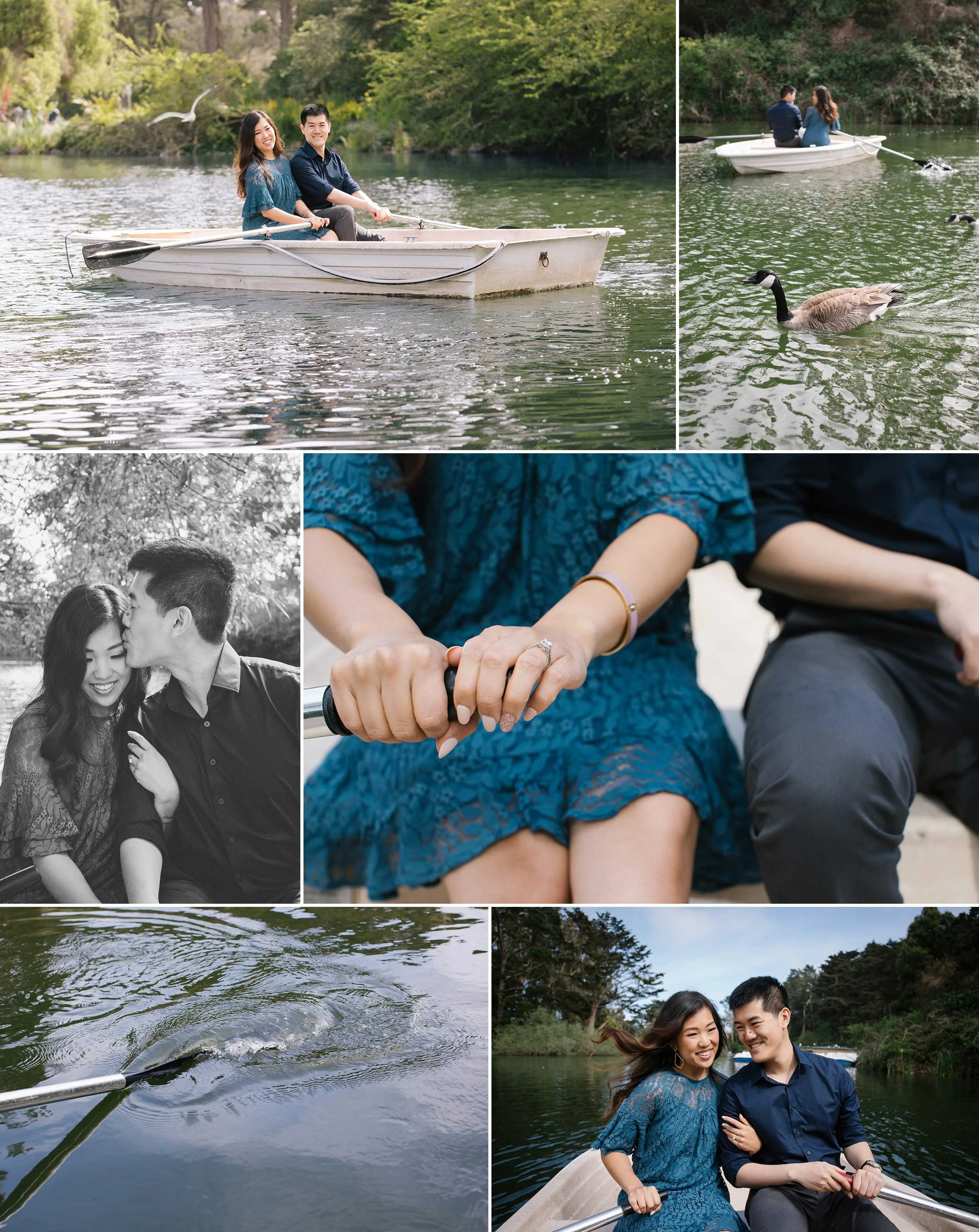 A rowboat engagement session on San Francisco’s Stow Lake, in Golden Gate Park.