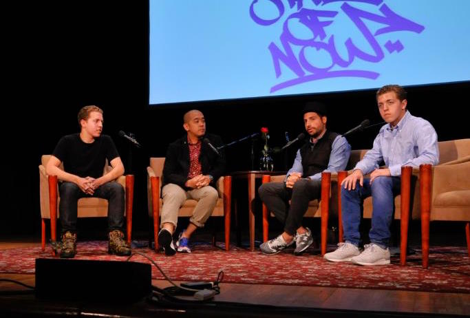 Jake (far left) and twin brother Dylan (far right), interviewing sneaker legends Jeff Staple and Ronnie Fieg