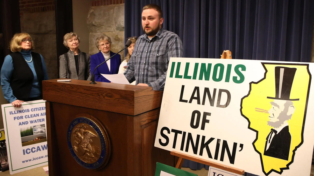Fulton County farmer Matt Howe speaks out against hog confinements during a news conference Jan. 24, 2017, at the Capitol in Springfield. The Illinois Citizens for Clean Air & Water organized a news conference during which several residents from around Illinois spoke about the adverse effects hog and dairy confinements have had on their lives.