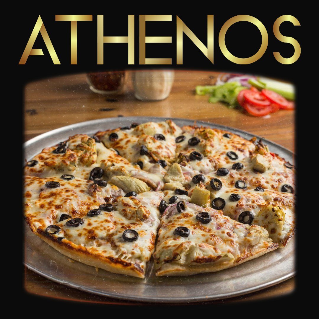 𝗧𝗵𝗲 𝗔𝘁𝗵𝗲𝗻𝗼𝘀 pizza has our homemade traditional Marinara sauce layered with Feta cheese, mozzarella cheese, gyro meat, onions, black olives and artichoke hearts. We're pretty sure the Greek goddess, Demeter, would approve.

𝘗𝘭𝘦𝘢𝘴𝘦 𝘥𝘪