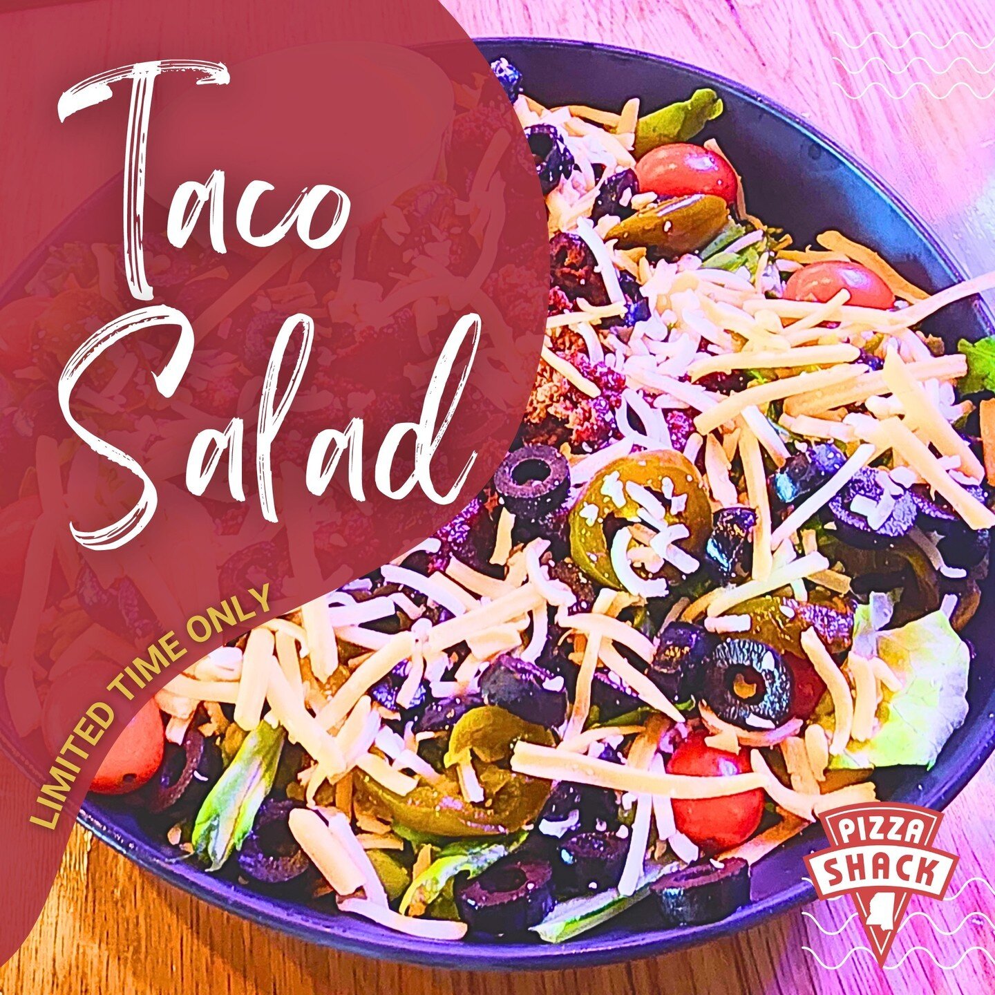 Pizza Shack's Taco Salad is a flavor explosion in every bite. Don't miss out on this limited-time dish! This is the last week to try it, hurry in and grab a bowl of bibb lettuce, seasoned beef, tomatoes, jalapenos, black olives, Doritos, cheddar and 