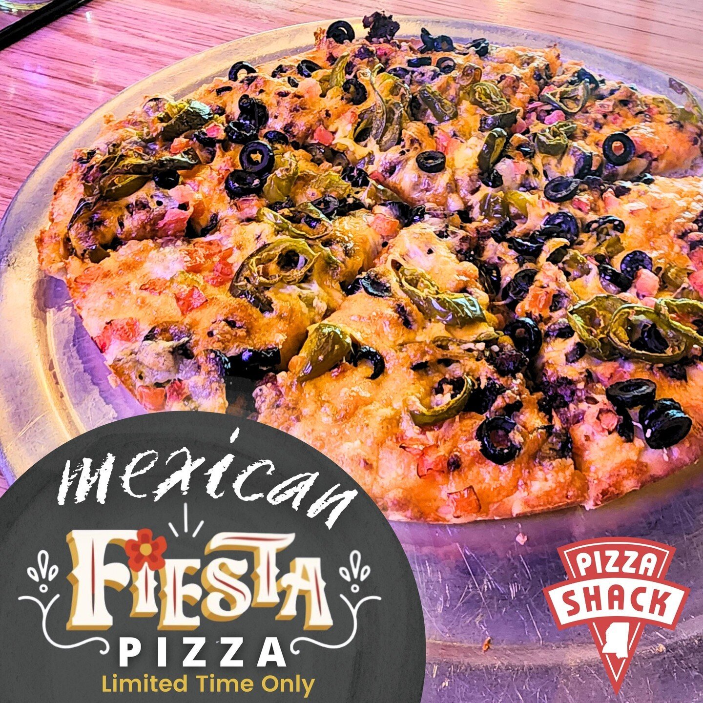 Spice up your pizza game with our limited time Mexican Fiesta Pizza! 🍕🔥

Packed with flavor, this pizza features picante sauce, seasoned beef, green chiles, jalape&ntilde;os, black olives, Doritos, diced tomato, cheddar and Monterey jack cheese. Do