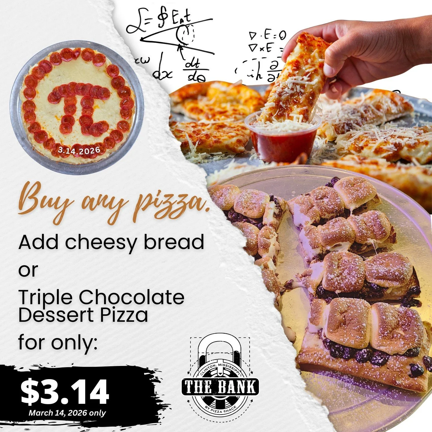 Tomorrow is 3.14.

Which means it's Pi Day.

And we're celebrating the best kind of circle&hellip; pizza.

On 3.14:
Buy any Pizza "Pie"
Add Cheesy Bread or Triple Chocolate Dessert Pizza
for just $3.14

One day only.

Consider this your off
