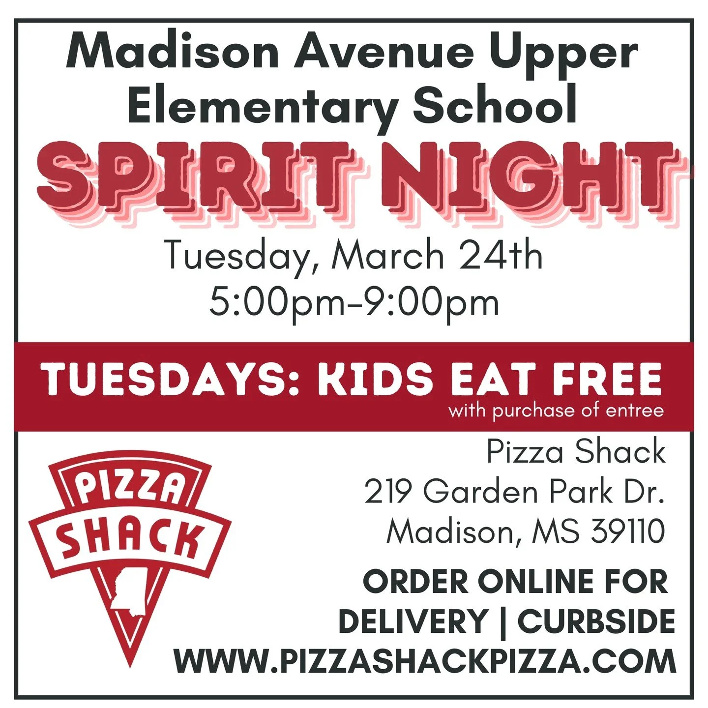 🎉 Madison Avenue Upper Elementary School Spirit Night is coming! 🎉
Join us on Tuesday, March 24th from 5&ndash;9 PM at Pizza Shack in Madison to support Madison Avenue Upper Elementary School.

🍕 15% of all profits go back to the school &mdash; co