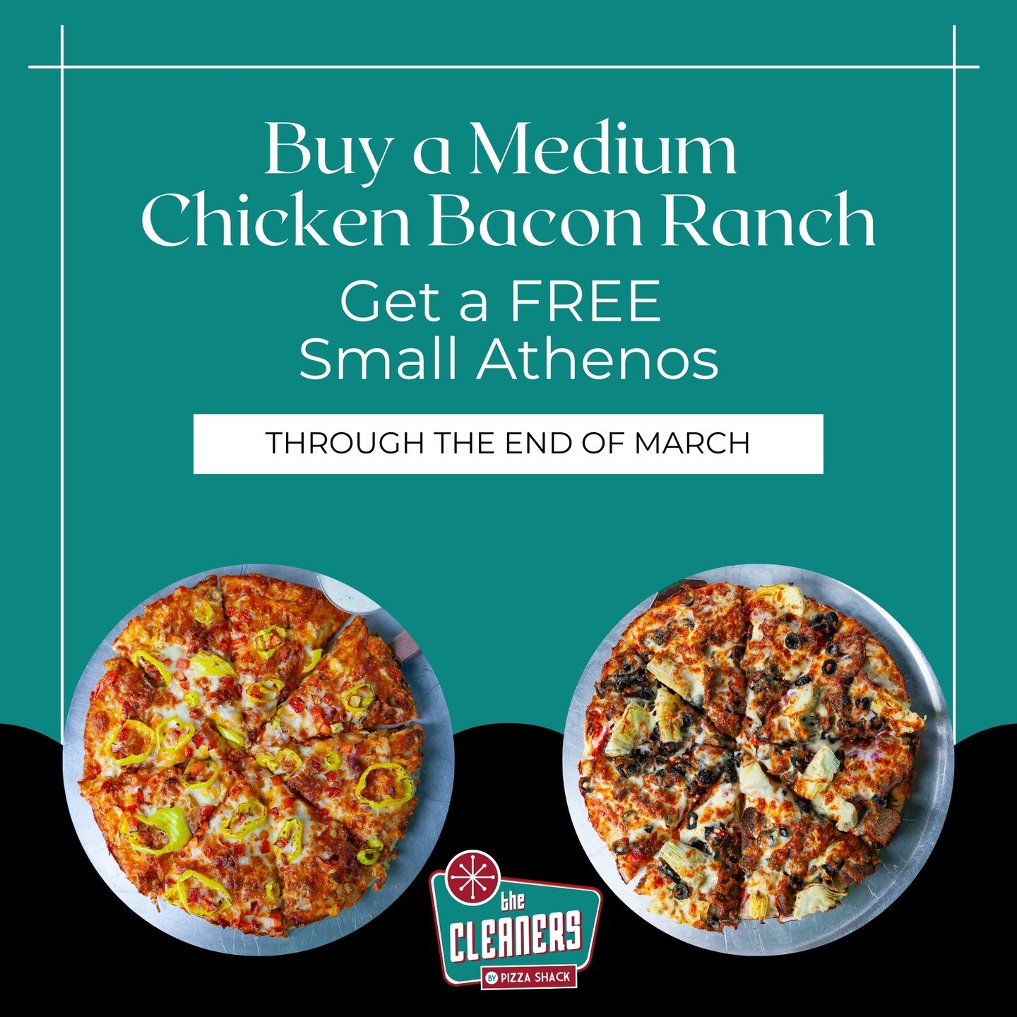 The weekend deserves something better than basic.

For a limited time, when you order a Medium Chicken Bacon Ranch, you receive a Small Athenos Pizza FREE.

Fresh-made dough. Premium toppings. Two full specialty pizzas.

Available through March 31.

