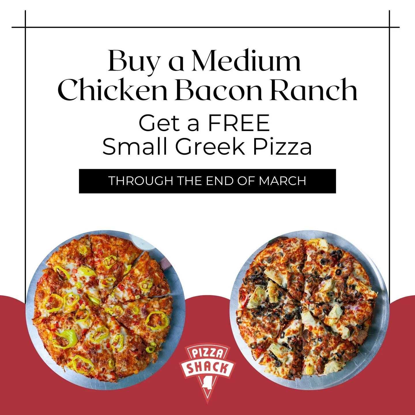 Midweek reminder posts convert well.

Post Theme: "Still Going"

Caption:

In case you missed it&hellip;

Buy a Medium Chicken Bacon Ranch
Get a Small Greek FREE.

No gimmicks.
No catch.
Just two loaded specialty pizzas.

Available through 