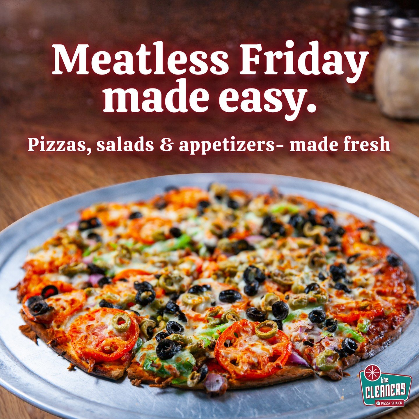 Whether you're keeping it classic or switching it up, Meatless Friday is covered.

Enjoy 3 Cheese, Veggie, or Margherita, or customize:
&bull; Philly Queso &mdash; no ribeye
&bull; Athenos &mdash; no gyro meat
&bull; Hawaiian &mdash; no Canadian baco