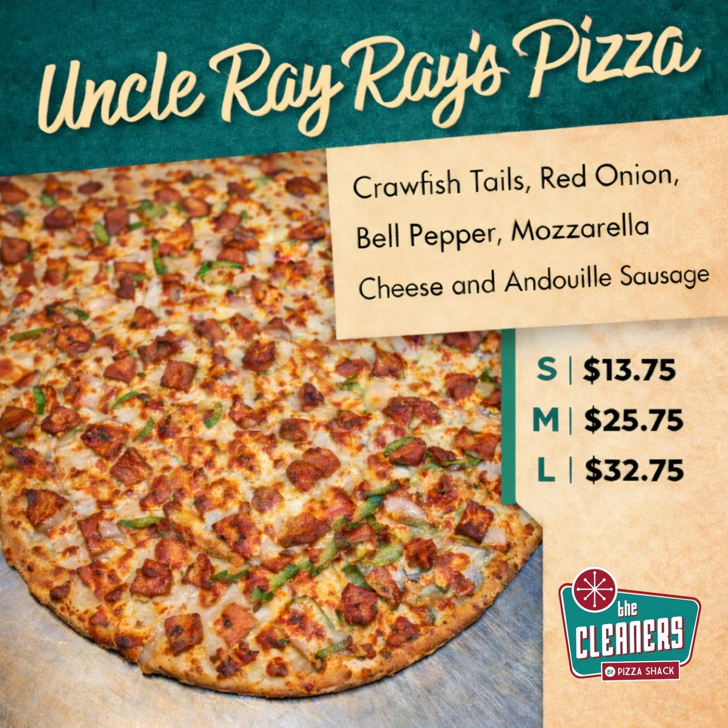 Let's talk about that first bite.

The crust has crunch.
The b&eacute;chamel melts into the cheese.
The crawfish and andouille hit with savory depth.
The peppers and onions add just enough freshness.

Uncle Ray Ray's Pizza is layered flavor done righ