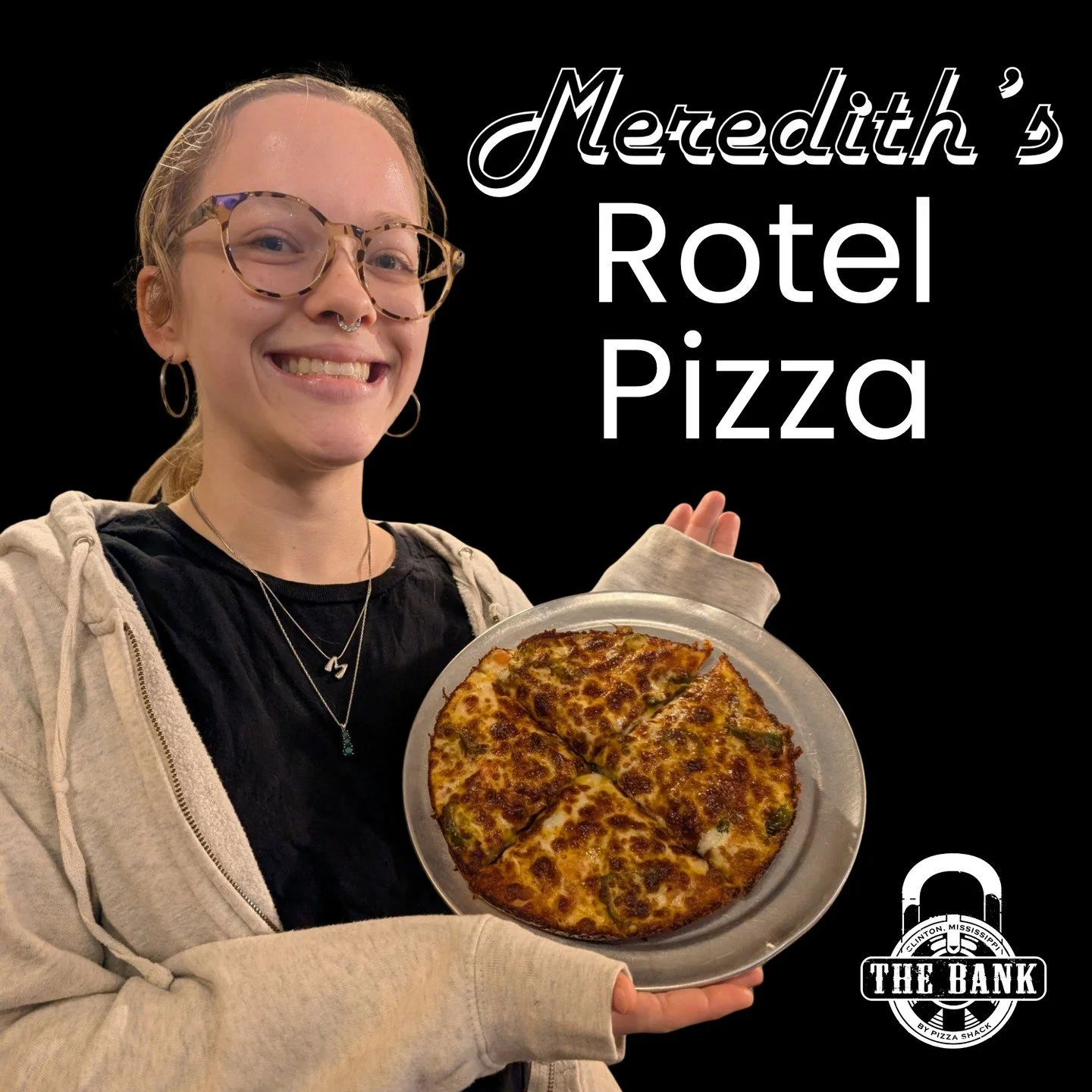 Today is the final day of Meredith's Employee of the Month challenge.

After tonight, Meredith's Rotel Pizza comes off the menu.

Queso. Beef. Diced tomatoes. Jalape&ntilde;os. Cheddar. Mozzarella.

If you're Team Meredith, this is your last chance t