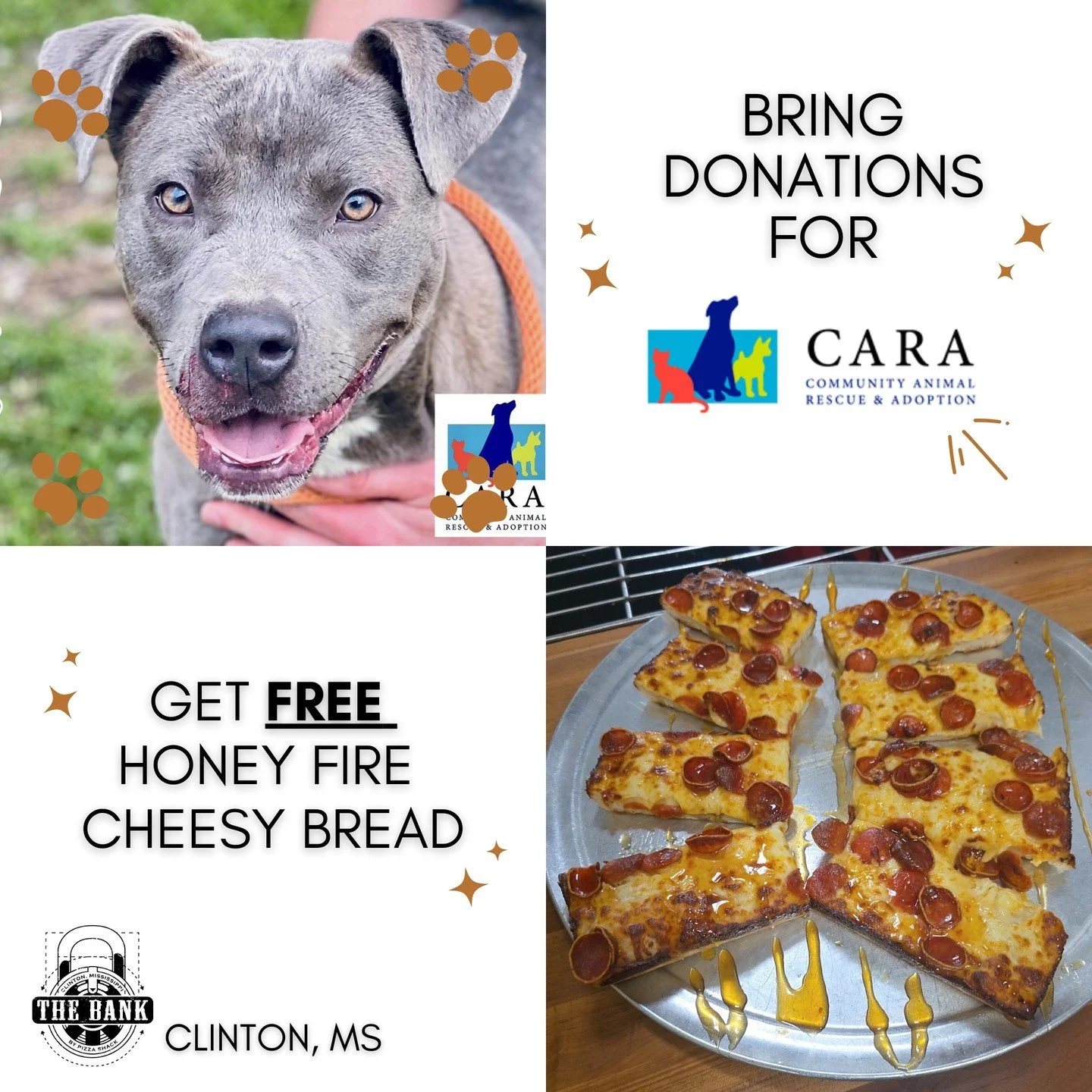 We're collecting donations for @cara_ms and every item goes directly to helping animals in our community.

Most needed items:

&bull; Dog food (dry or canned)
&bull; Puppy food
&bull; Cat food
&bull; Dog treats
&bull; Leashes &amp; collars
&bull; Tow