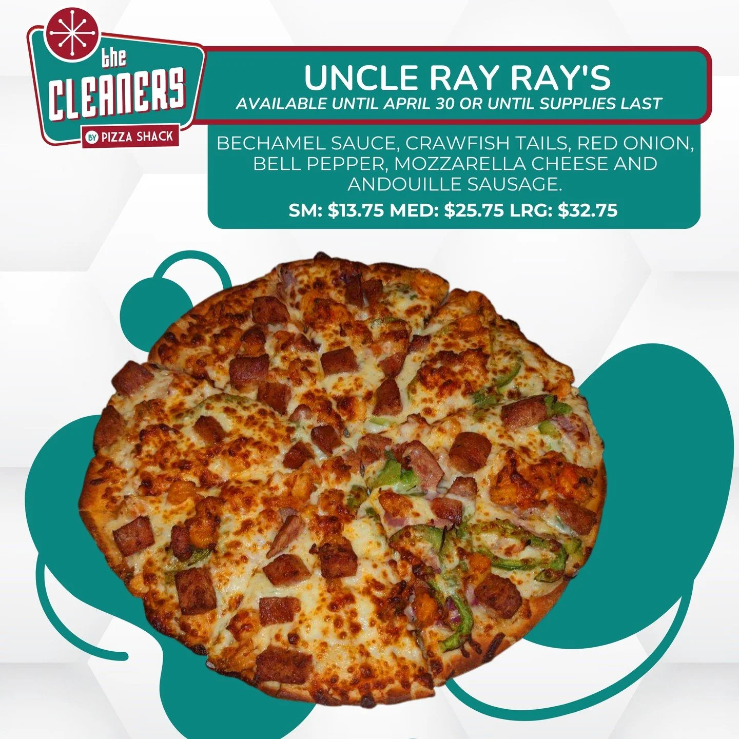 Some pizzas are safe.
This one is special.

Creamy b&eacute;chamel instead of red sauce changes everything.
Add crawfish, smoky andouille, and melty mozzarella &mdash; and suddenly you're eating something unforgettable.

Uncle Ray Ray's Pizza is here