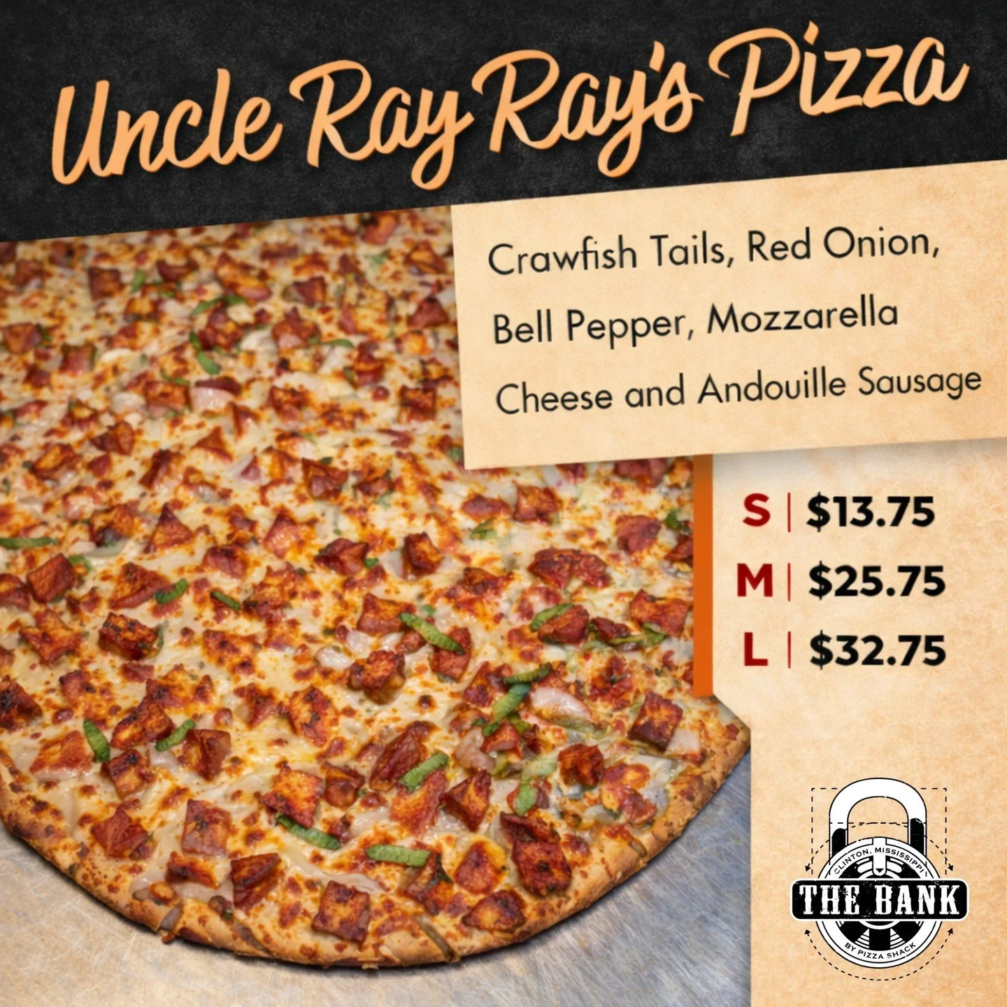This is the kind of pizza you slow down for.

Rich b&eacute;chamel.
Savory crawfish.
Smoky sausage.
Golden, bubbly cheese.

Uncle Ray Ray's is indulgent in the best way &mdash; and it won't be around forever.

📍 The Bank by Pizza Shack
200 W Leake S