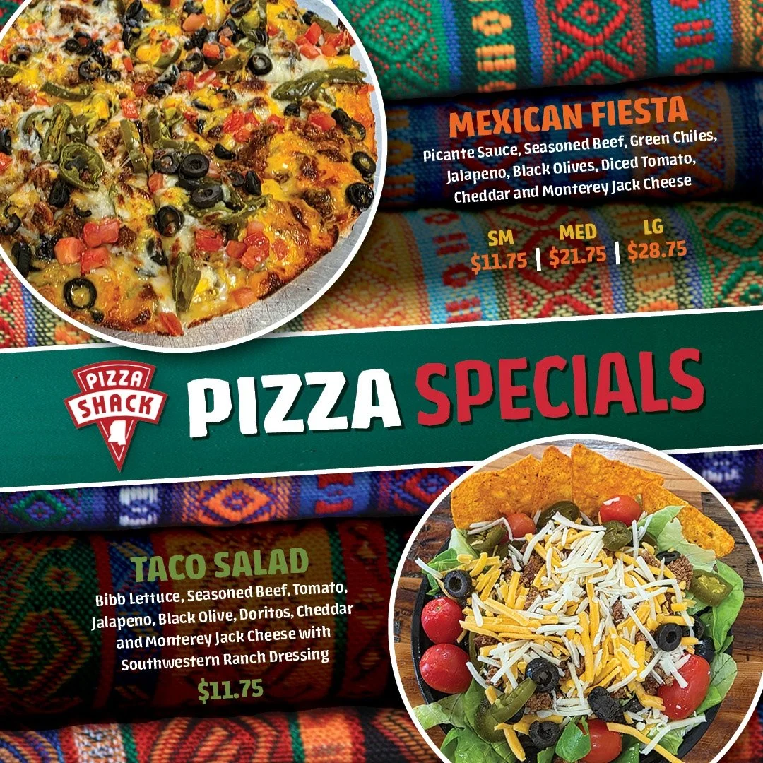 Weekend cravings just got louder.

Our Mexican Fiesta Pizza is stacked with picante sauce, seasoned beef, green chilies, jalape&ntilde;os, black olives, fresh diced tomatoes, cheddar, and Monterey Jack cheese.

And if you're craving something fresh? 