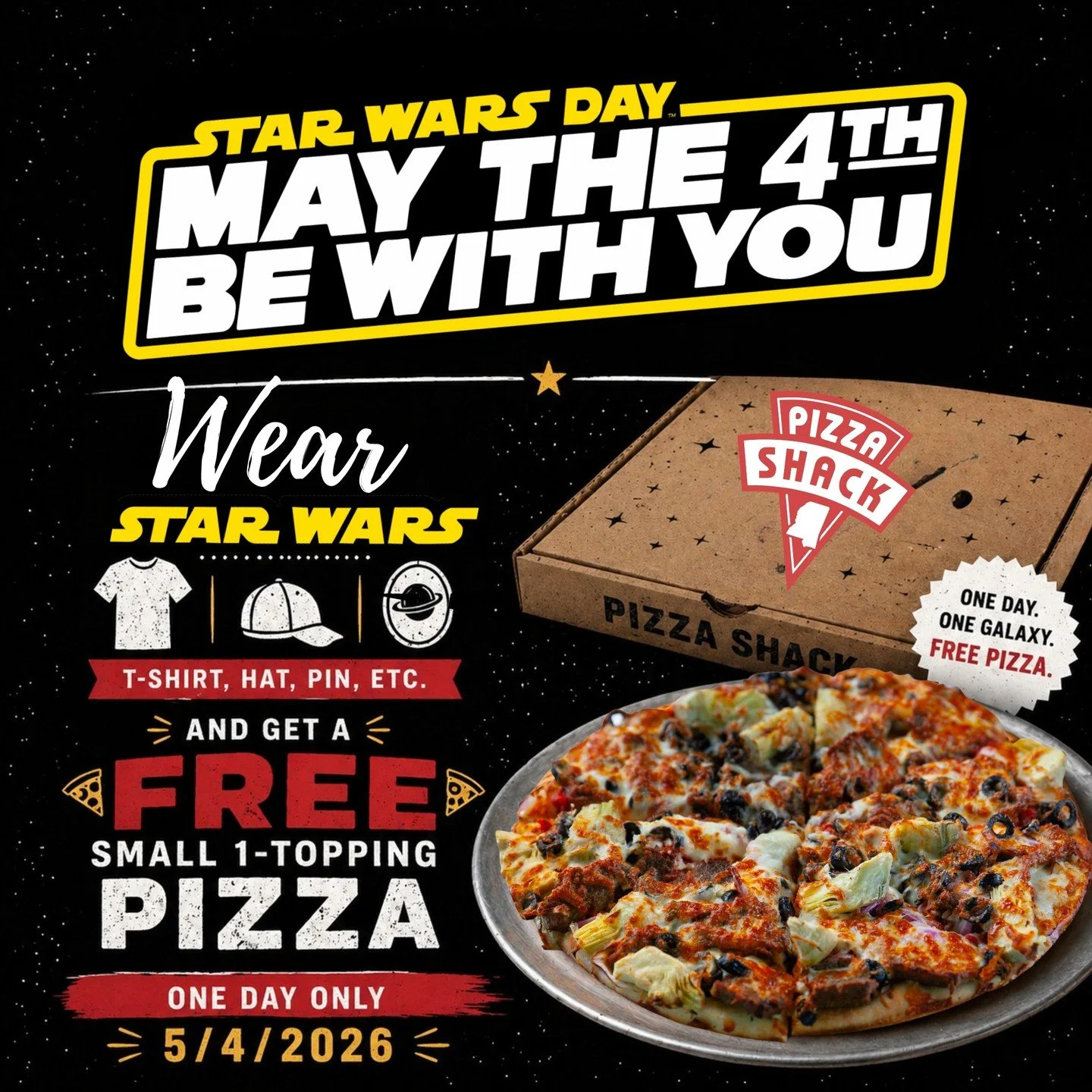 ✨ MAY THE 4TH BE WITH YOU ✨

In a galaxy not so far away&hellip;
there's FREE pizza waiting.

Show up wearing your Star Wars gear &mdash;
tees, hats, jerseys, anything from your collection &mdash;

and the Force will reward you with a
👉 FREE Small 1