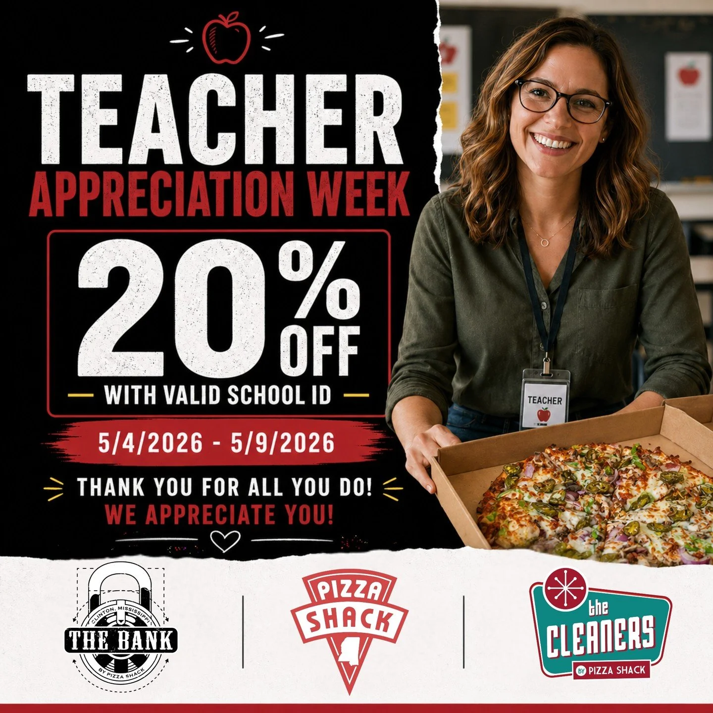 Another day, another reason to celebrate our teachers 🙌

Don't forget&mdash;20% OFF your order all week with a valid school ID.

📅 Through May 9

Long day at school? Skip the cooking tonight. We've got dinner handled.

📍 Pizza Shack Madison &bull;