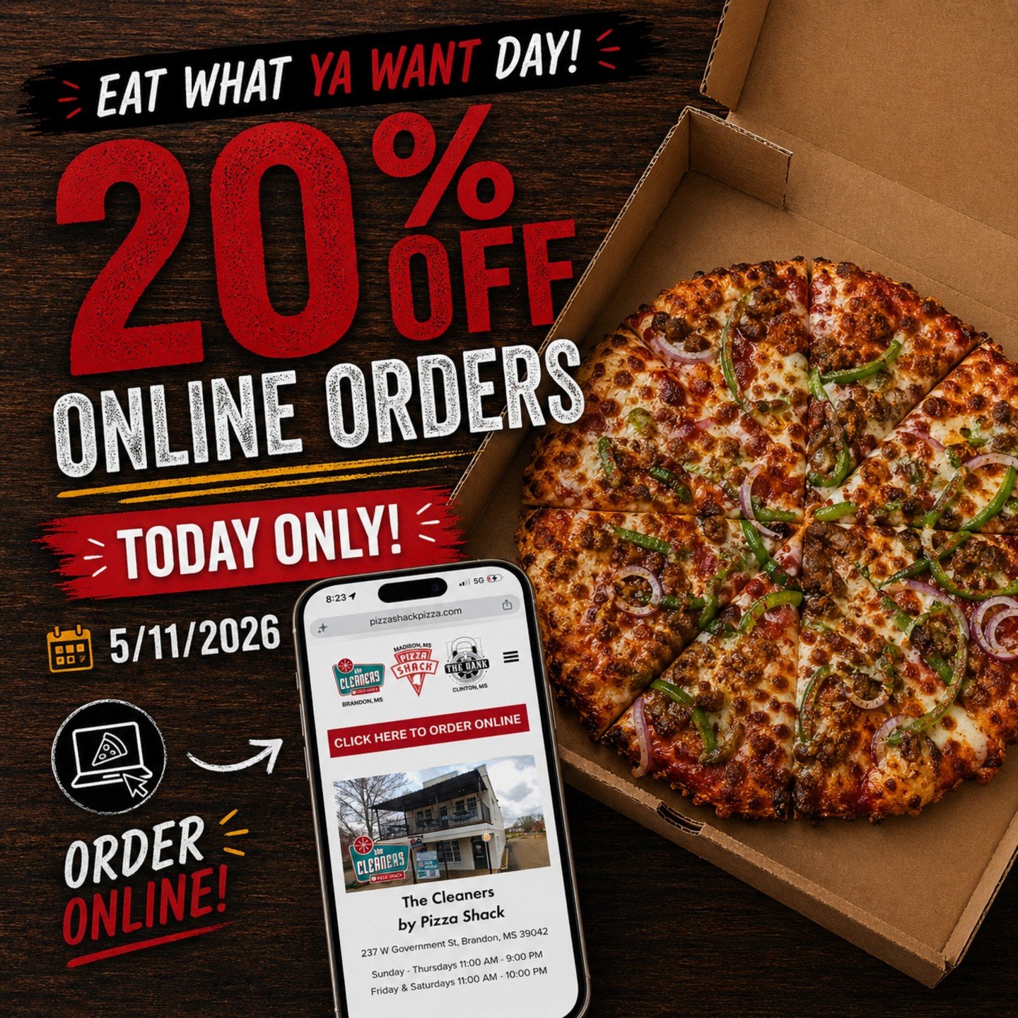 🚨 TODAY ONLY 🚨

🔥 20% OFF ALL ONLINE ORDERS

This is your sign to skip cooking, skip the line, and order exactly what you're craving.

Pizza. Wings. Whatever you want&hellip; it's all 20% OFF today.

📲 Order online now

📍 The Cleaners by Pizza S