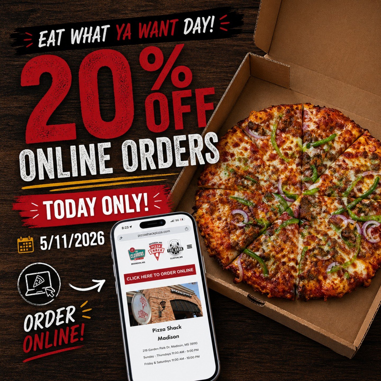 Dinner time = decision time 👀

🔥 20% OFF ONLINE ORDERS ends TONIGHT

If you haven't used it yet&hellip; this is your last chance.

Skip the hassle. Order online. Save 20%.

📲 Do it now before it's gone

📍 Pizza Shack Madison, MS