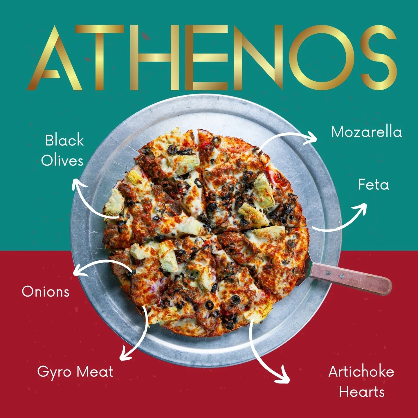 Take your taste buds on a trip to the Mediterranean with our Athenos Pizza &ndash; traditional marinara, melty mozzarella, savory gyro meat, tangy feta, crisp onions, briny black olives, and hearty artichoke hearts.
👉 Dine in with us tonight and tas