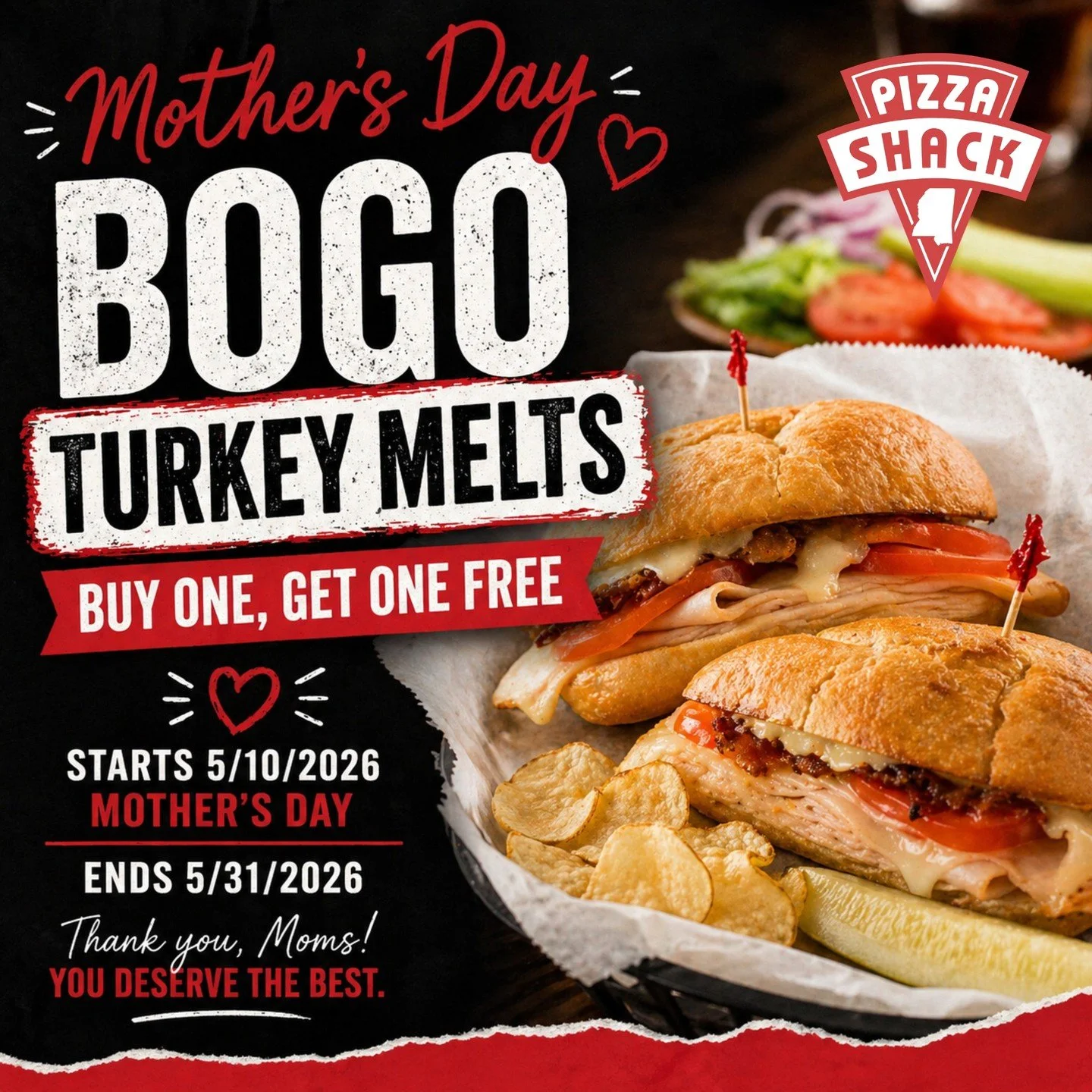 🚨 LAST DAY 🚨

Today is your FINAL chance to get:

🔥 BOGO Turkey Melts

After today&mdash;it's gone.

Don't miss it.

📍 All locations: Pizza Shack Madison &bull; The Bank &bull; The Cleaners