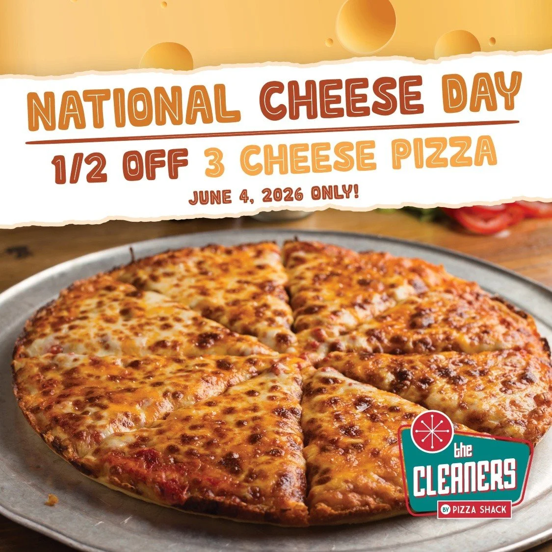 Who's feeling cheesy!? Come celebrate national cheese day with us June 4th and get our 3 cheese pizza for 50% off!