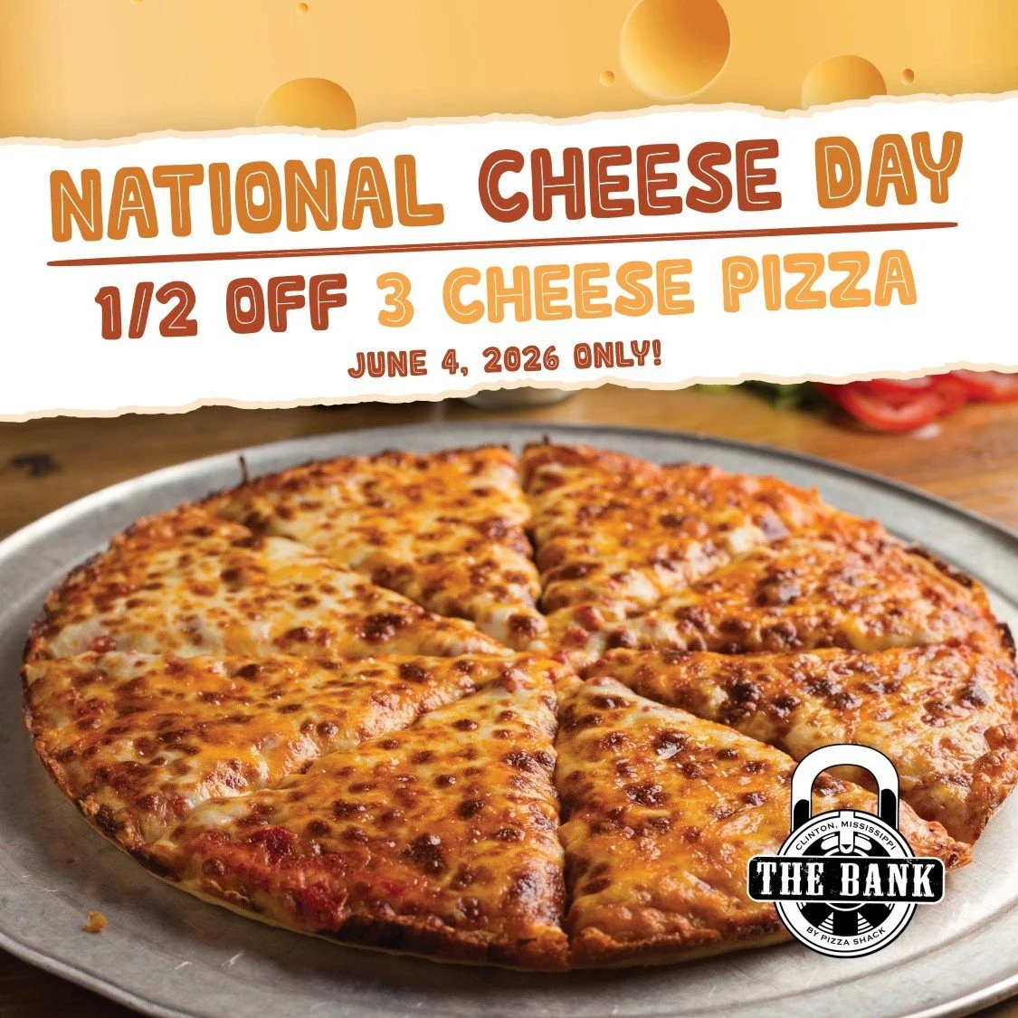 Who's feeling cheesy!? Come celebrate national cheese day with us June 4th and get our 3 cheese pizza for 50% off!