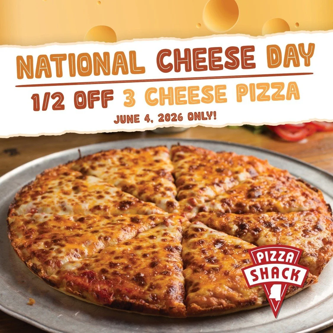 Who's feeling cheesy!? Come celebrate national cheese day with us June 4th and get our 3 cheese pizza for 50% off!