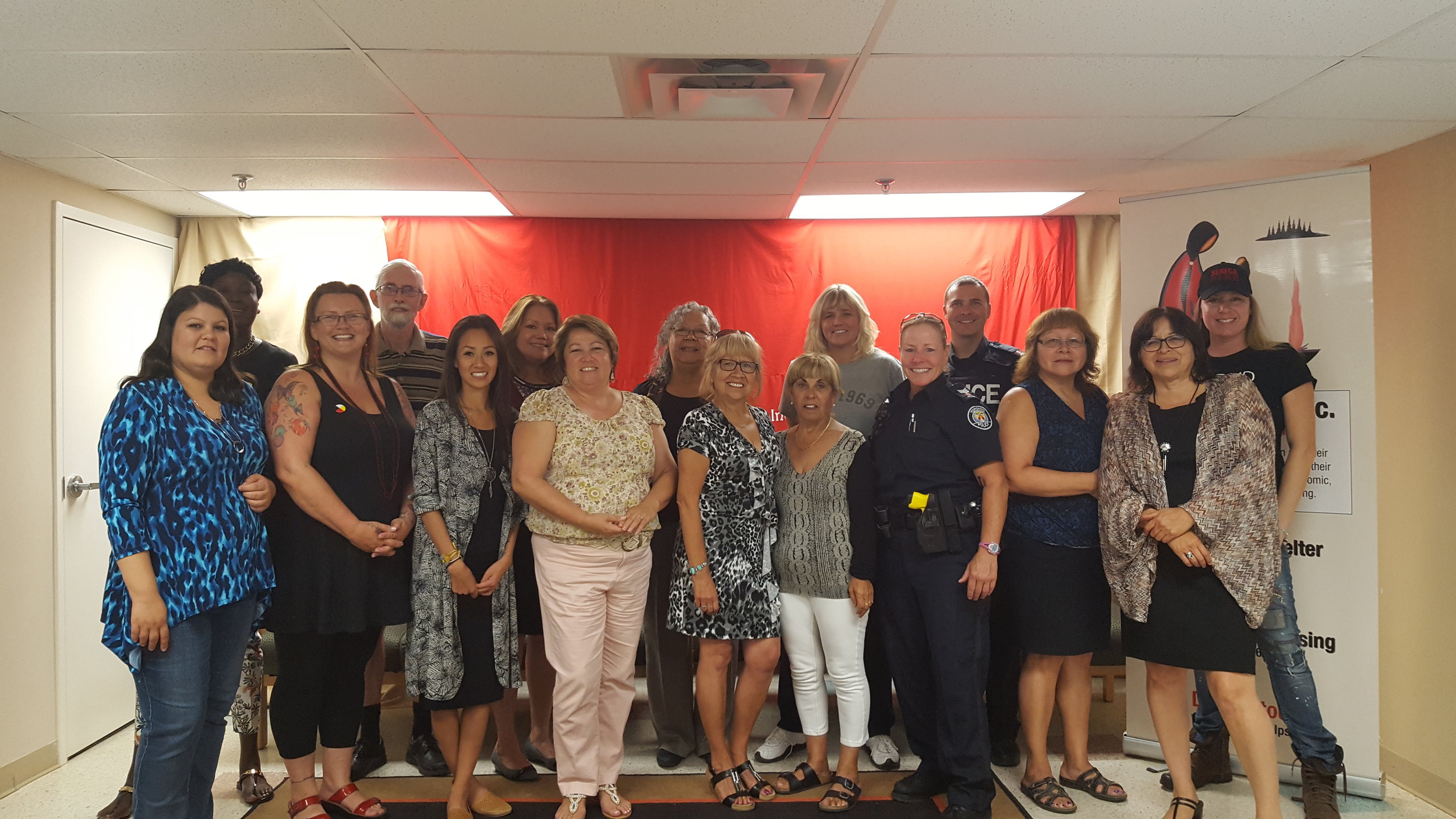 Group Shot: Anduhyaun Staff, Councillor Frances Nunziata, Staff Sargent Hildred, Constable Jason Rennie, Vicky Dawson, Simon Chamberlain, and friends from Seneca College.