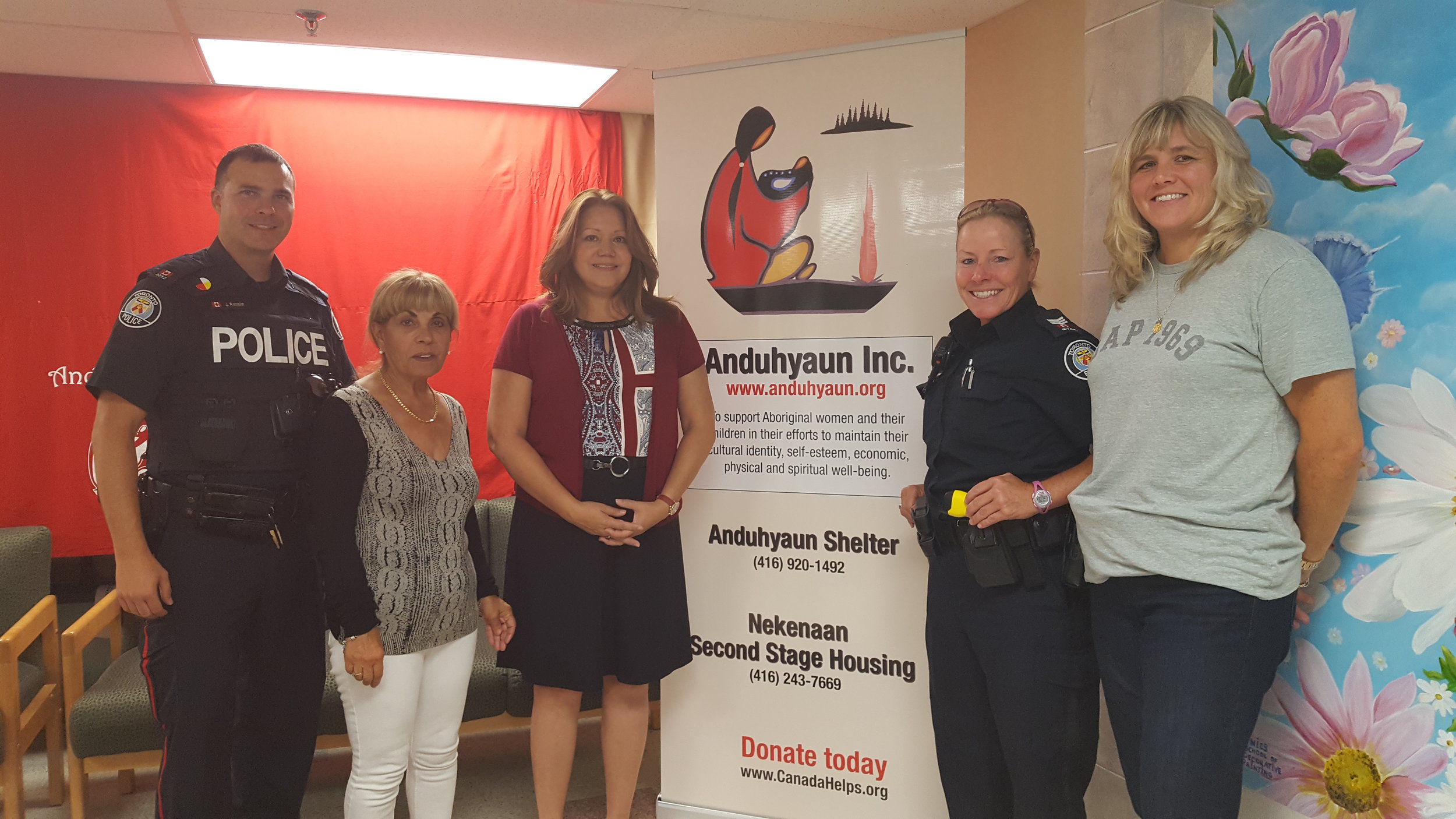 Constable Jason Rennie, Councillor Frances Nunziata, Anduhyaun Board Vice President, Deborah Graham, Constable Vicky Dawson, and Staff Sargent Lesley Hildred