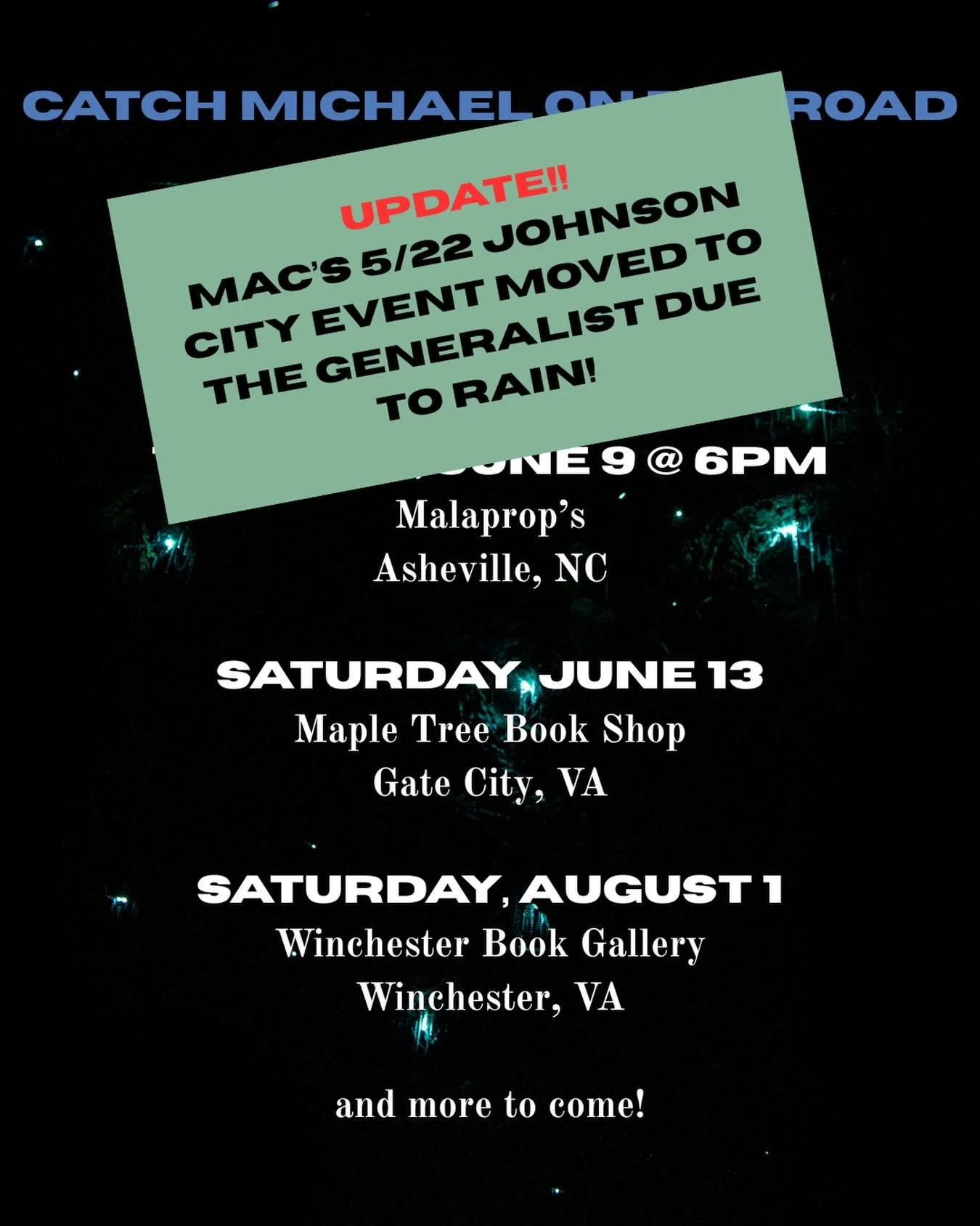If you&rsquo;re planning to celebrate AVALON MOON with @michaelamoscody in Johnson City tonight, the location has changed! Head over to @thegeneralist.store and stay dry. Start time is still 7pm.