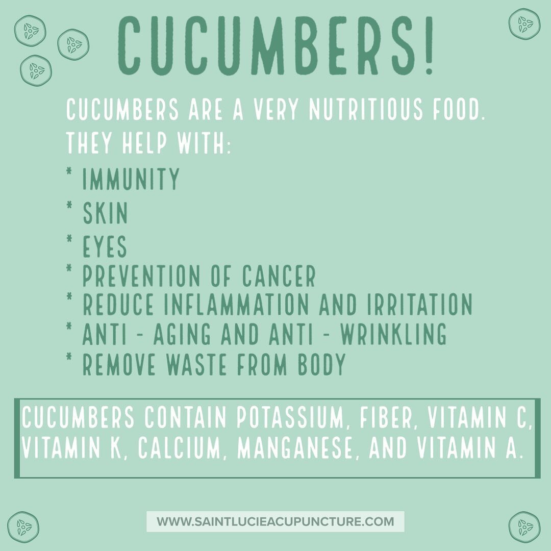 Cucumbers have numerous benefits ranging from the ones listed above, to using them on your eyes for spa treatments! When placing the cucumbers on top of the eyes the high water content and cooling effect moisturizes the area under the eyes. As a beve