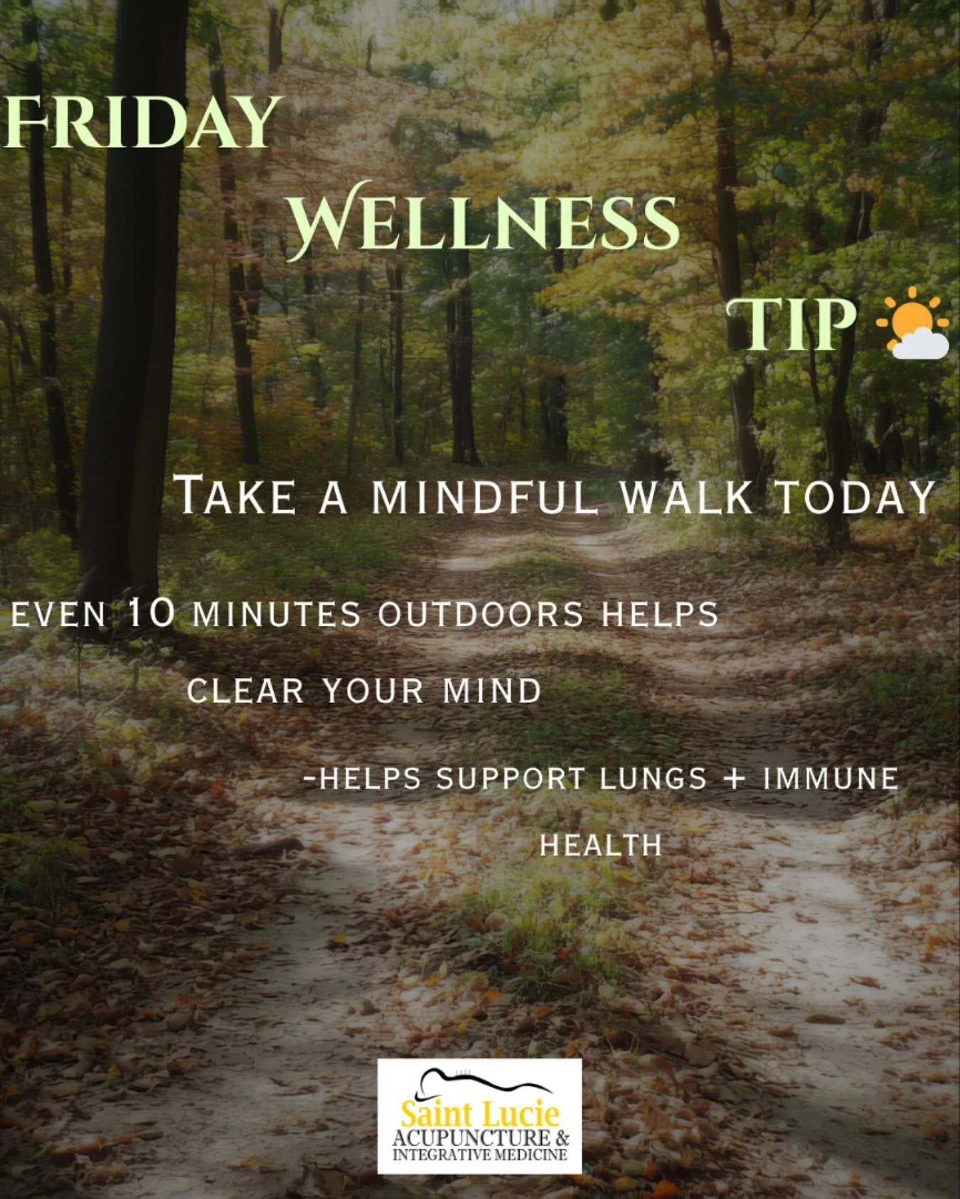 Step outside, slow down, and breathe in the season.
Mindful walking helps balance emotions, support lungs, and ground your energy. ๐ฟ
#AcupunctureForWellness #FridayTip #MindfulMoments #FallHealing #NaturalHealth #stlucieacupuncture #portsaintlucie