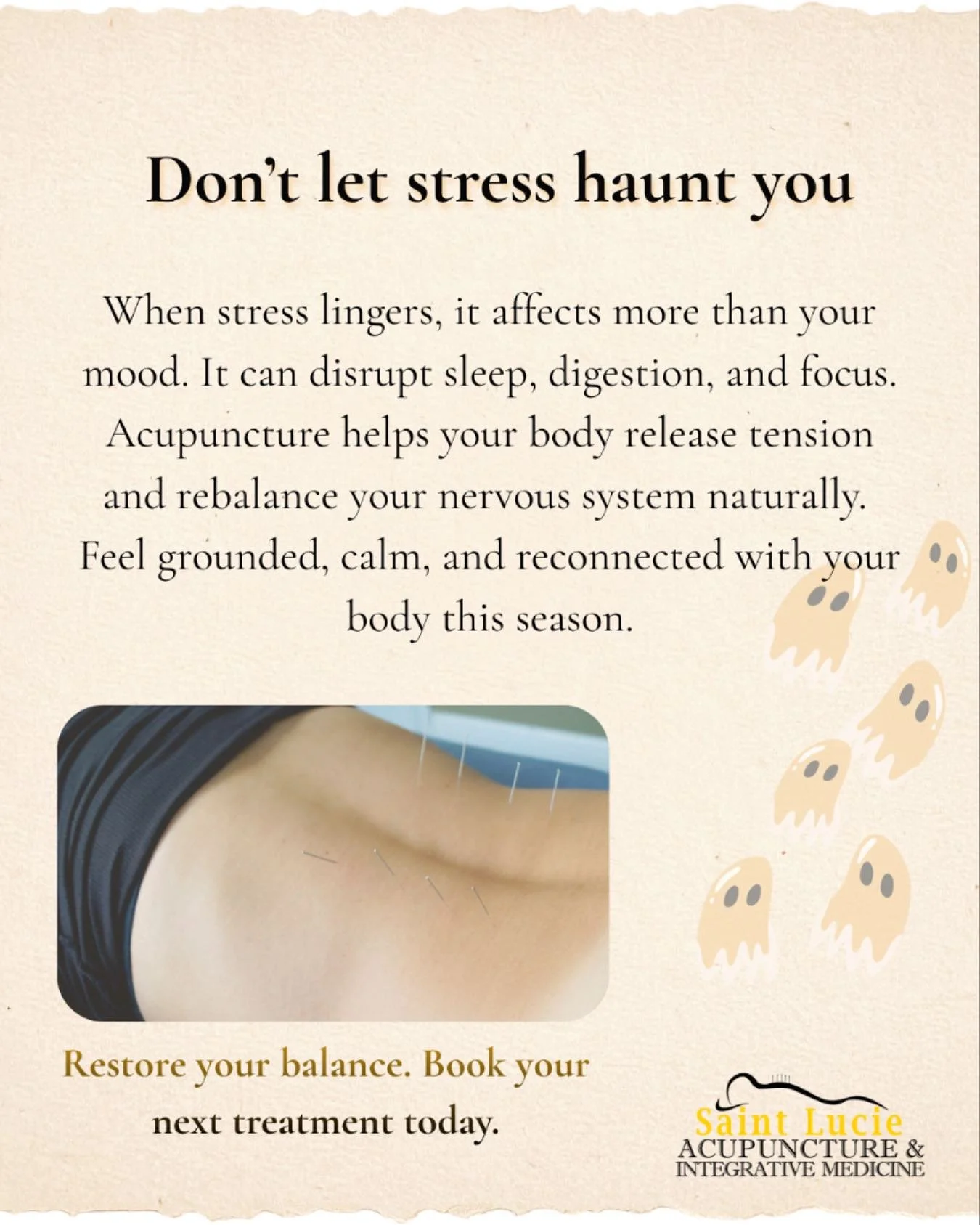 When stress takes over, your body feels it too — tight shoulders, shallow breathing, restless nights.
Acupuncture helps your nervous system reset so you can truly unwind.
Don’t let stress linger — book your stress-relief session tod