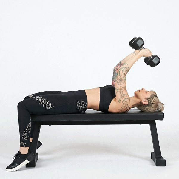 1. Dumbell Skull Crushers Grab two dumbbells, around the same weight you would use for a bicep curl, and lie back on a bench. Hold the dumbbells up with your elbows straight. Bend your arms but keep your elbows pointed toward the ceiling. Bring the dumbbells down until they’re next to your head, then press back up until your elbows are straight.
