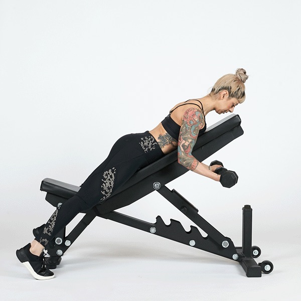 2. Dumbell Spider Curls Set the incline slightly higher than halfway up. Lie on the bench with your arms dangling straight down. You might feel a stretch in this bottom position. Curl the weights up toward your shoulders, then back down. Keep your palms facing up as you curl up.