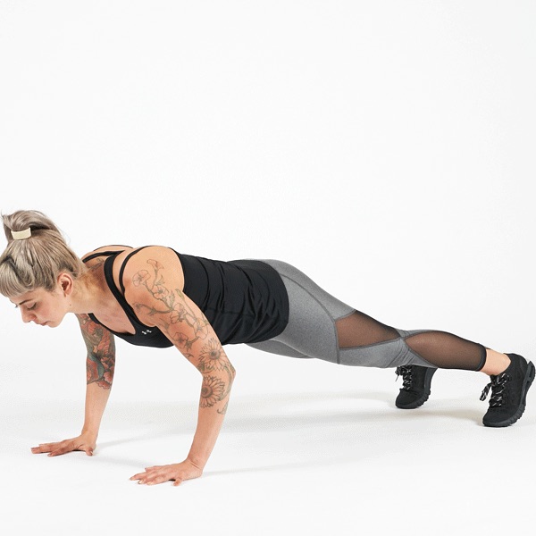 3. Push Up To do a pushup, start with your hands under your shoulders and arms straight. Lower yourself down until your chest comes close to the ground, then press back up until your arms are straight. (go on your knees if needed)