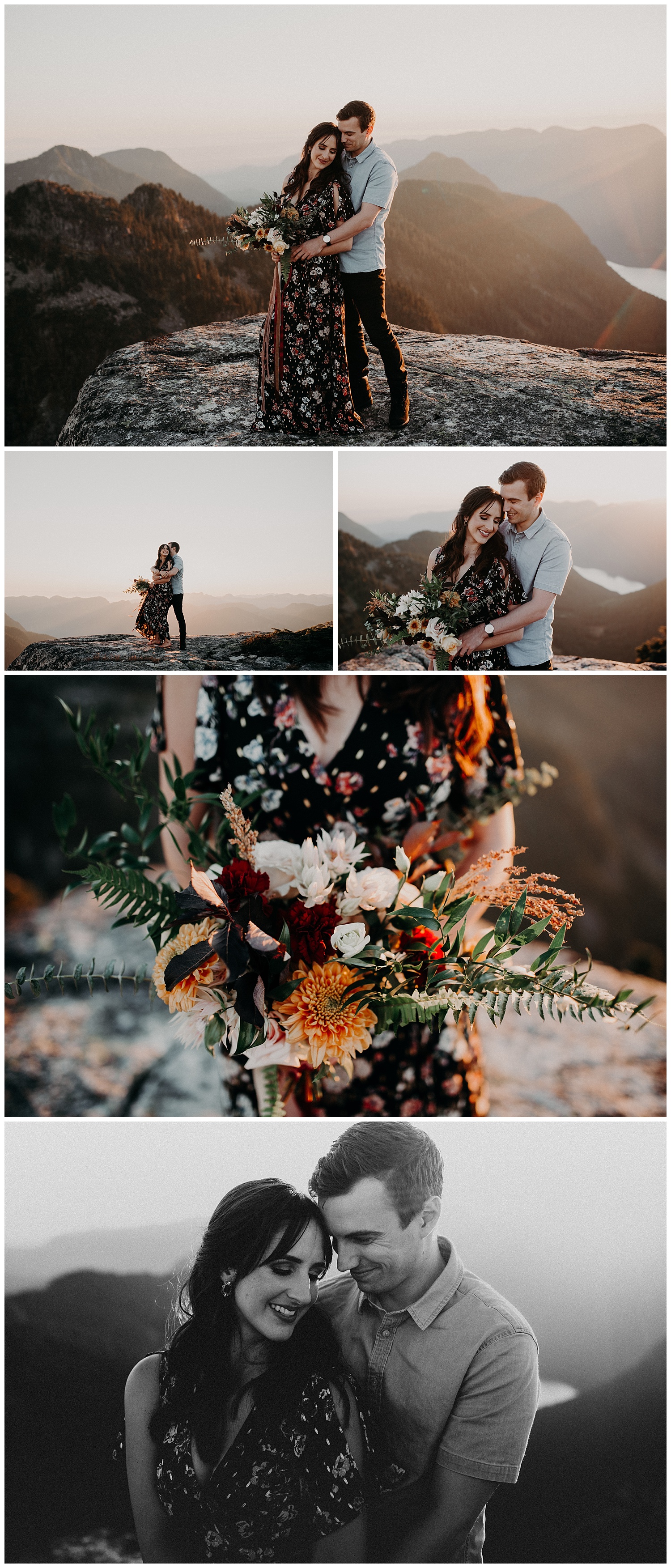 green leaf floral sunset engagement vancouver mountain top adventurous black and white stacie Carr photography