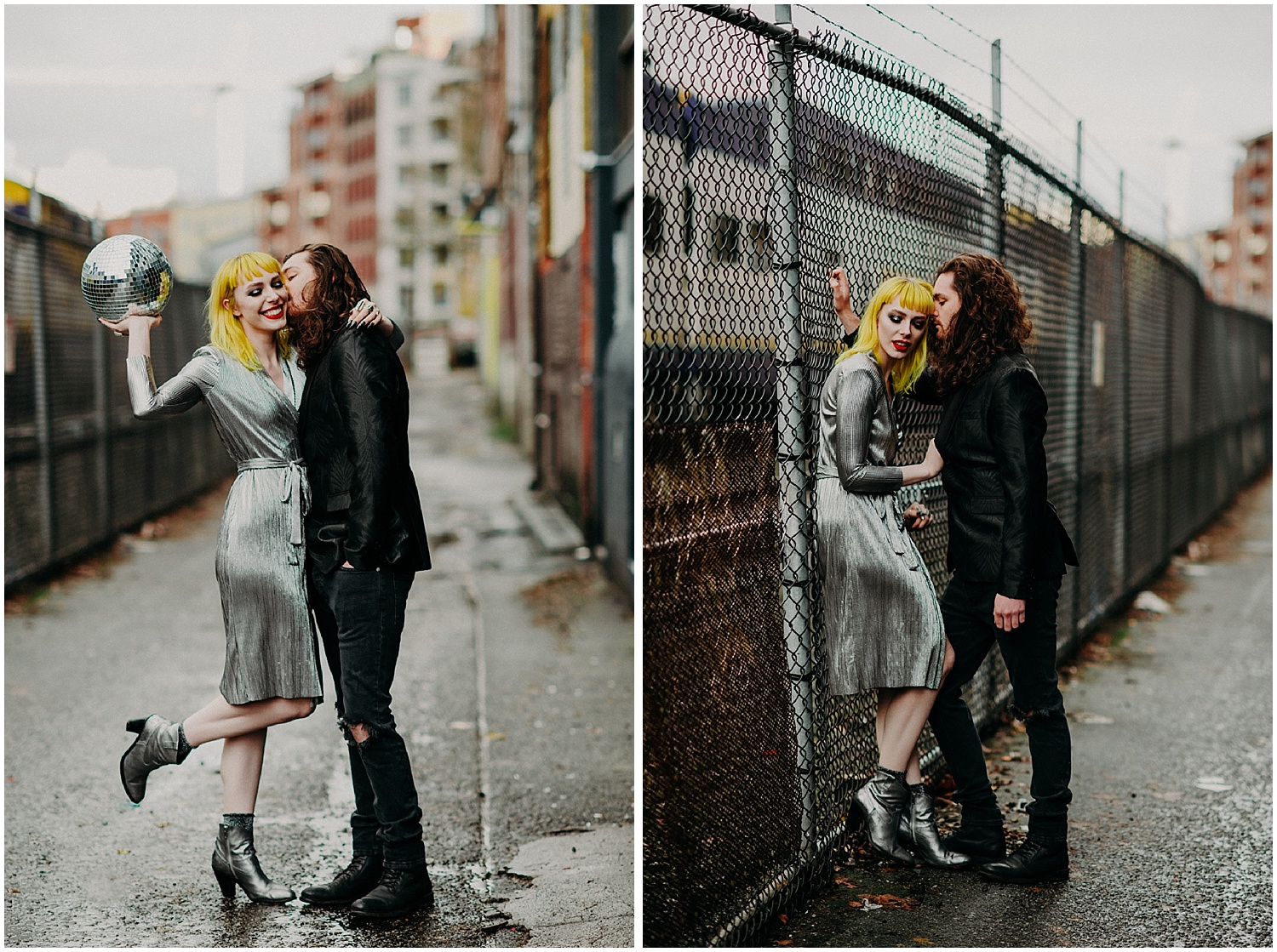  Vancouver back alley disco ball red lips yellow hair metallic dress shoes stylish men love engagement couples sessions chain link fence concrete jungle 
