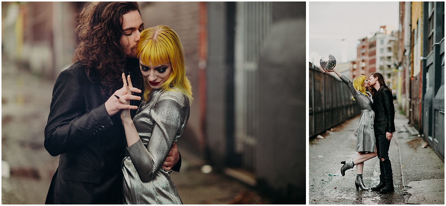  Vancouver gastown engagement couples session disco ball trendy women yellow hair metallic dress curly fashionable long hair man glamour modern back alley holding hands embrace kiss 