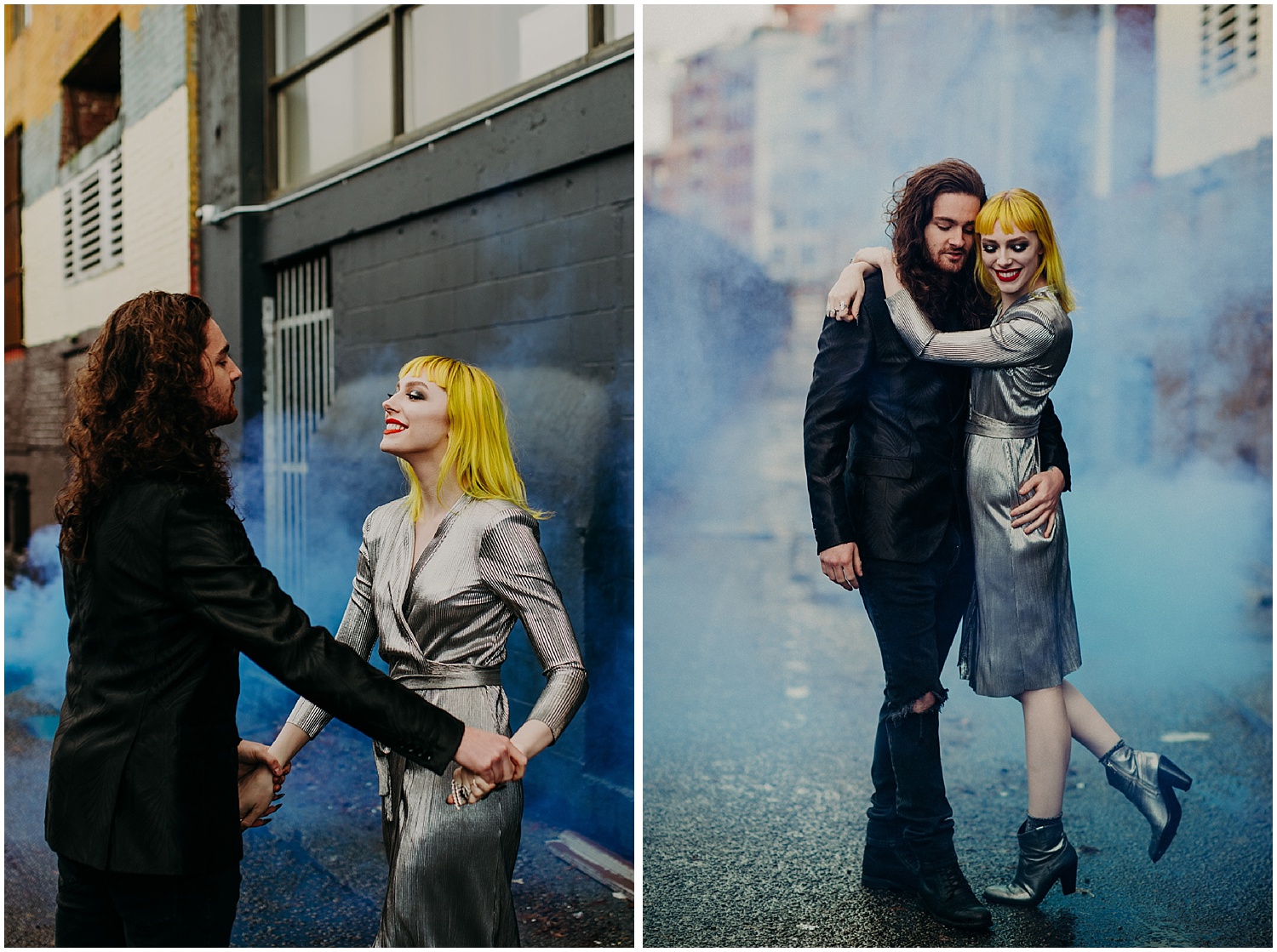  Vancouver back alley steam fog engagement couples session love fun smiles metallic dress black suit jacket red lips lipstick yellow hair concrete jungle retro modern blunt bangs&nbsp; 