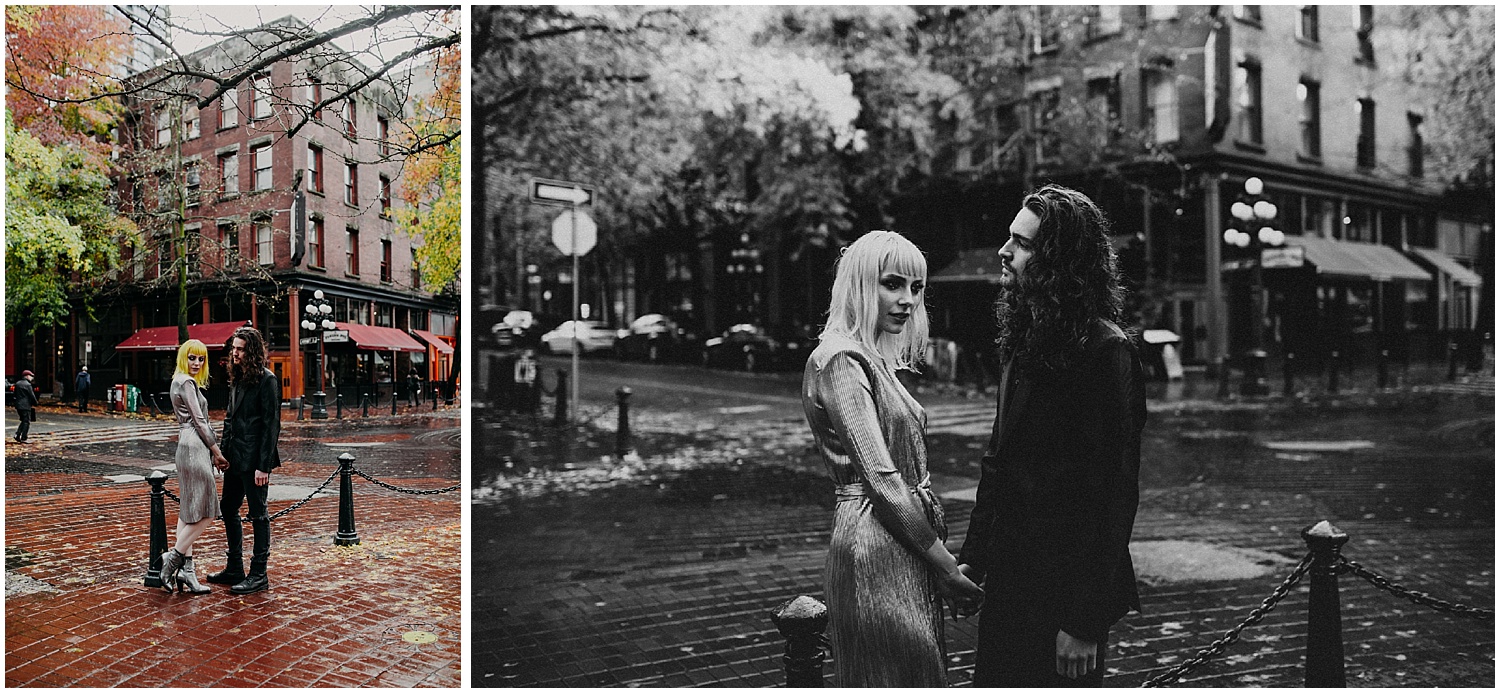  gastown engagement couple session Vancouver fall colours glamour red brick black and white forefront focus 