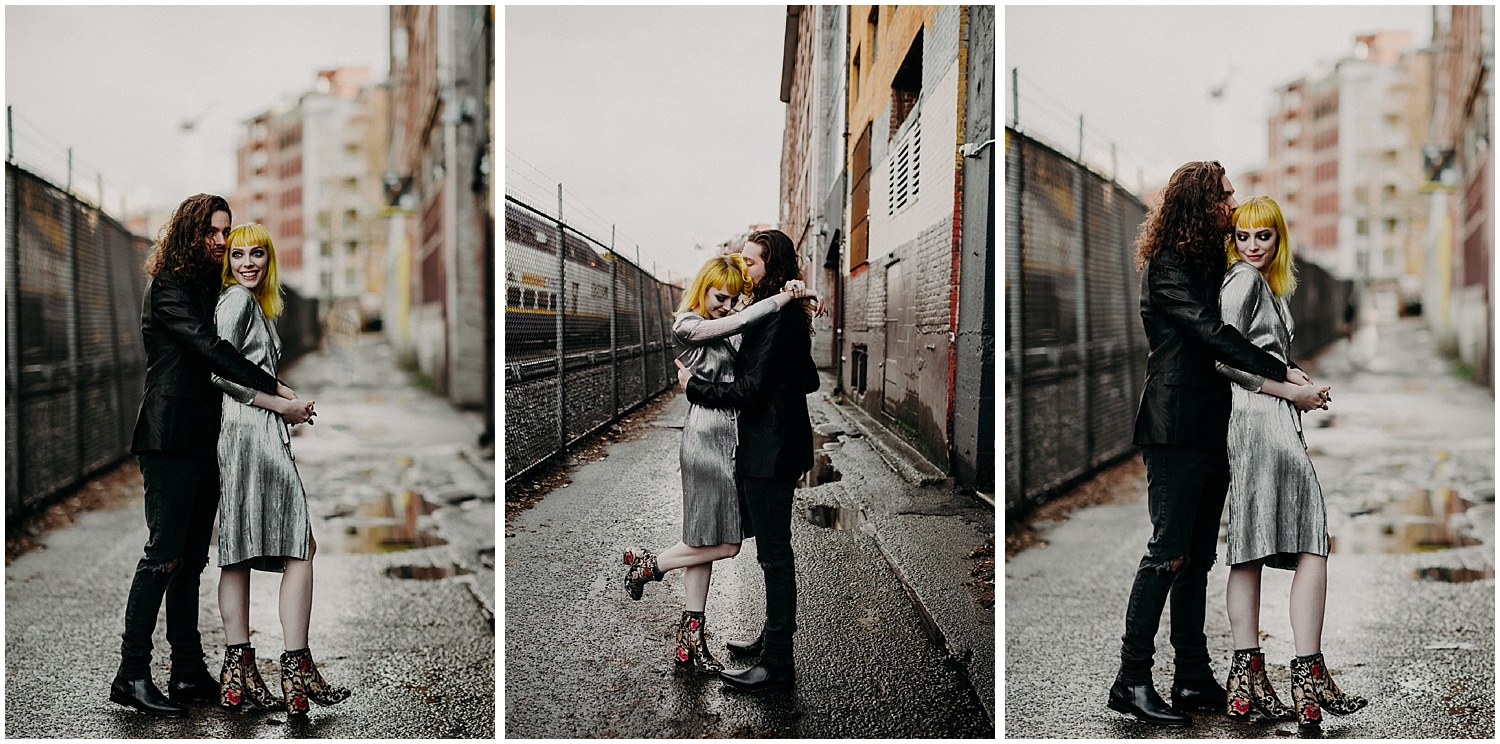  Vancouver engagement couples session fashion gastown back alley love metallic dress black suit rad women chain link fence train city unique shoes 