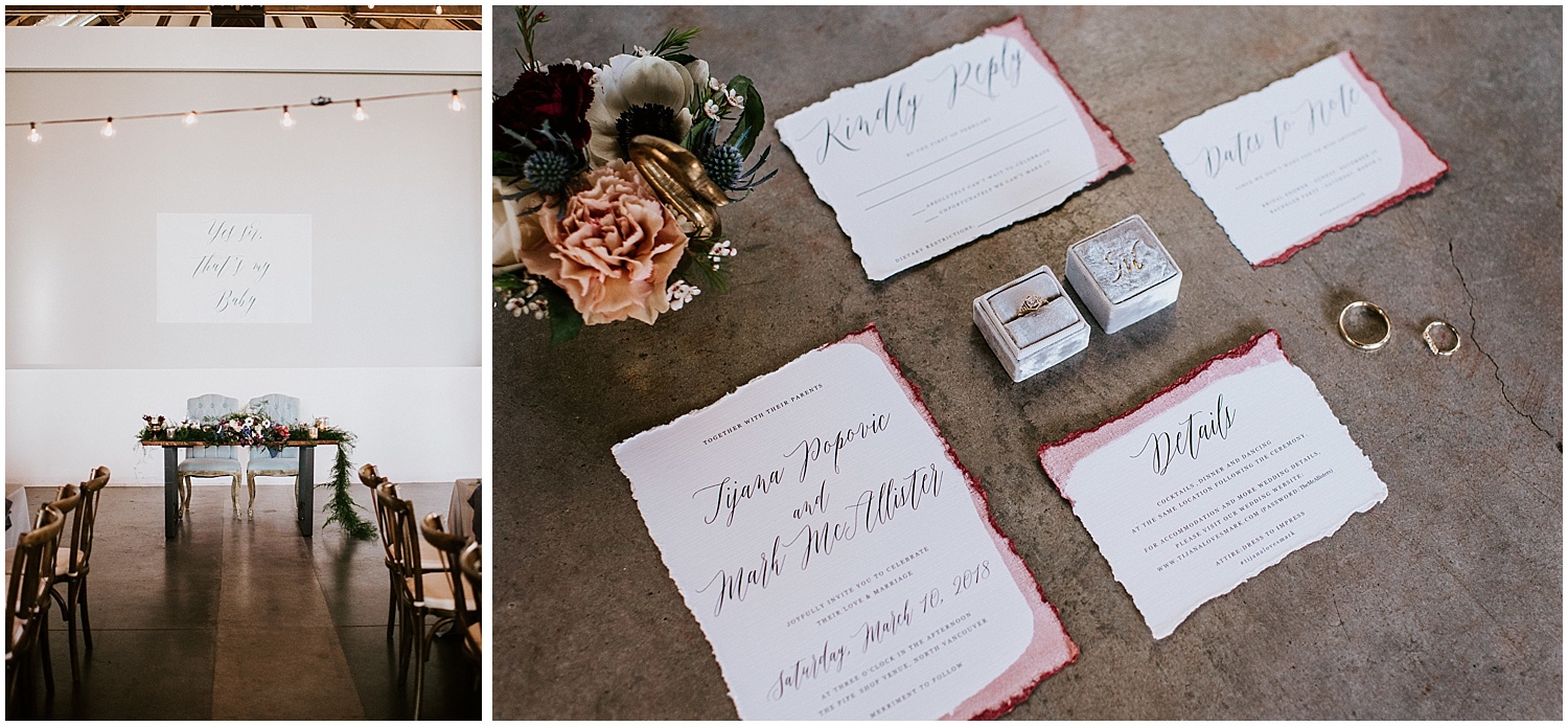 north vancouver intimate wedding decor pipe shop venue table for two place setting greenery diy wedding by stacie carr photography calligraphy bridal invitation suite sweetheart table