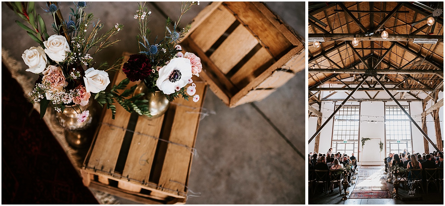 wooden chairs ceremony wedding decor diy bride unique greenery boho chic north vancouver intimate wedding stacie carr photography pipe shop venue wooden crates
