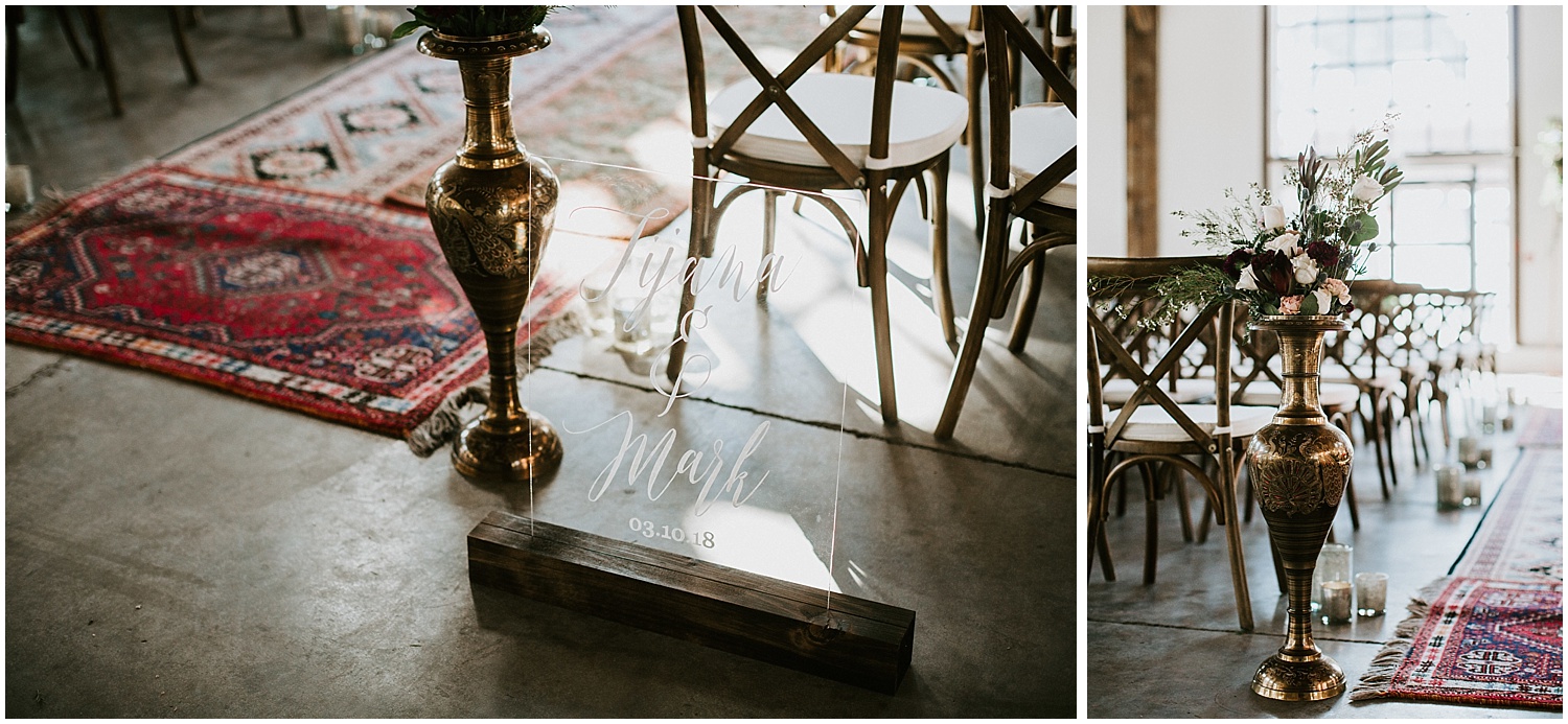 wedding decor diy bride unique greenery boho chic north vancouver intimate wedding stacie carr photography pipe shop wedding persian rug wedding isle brass decor