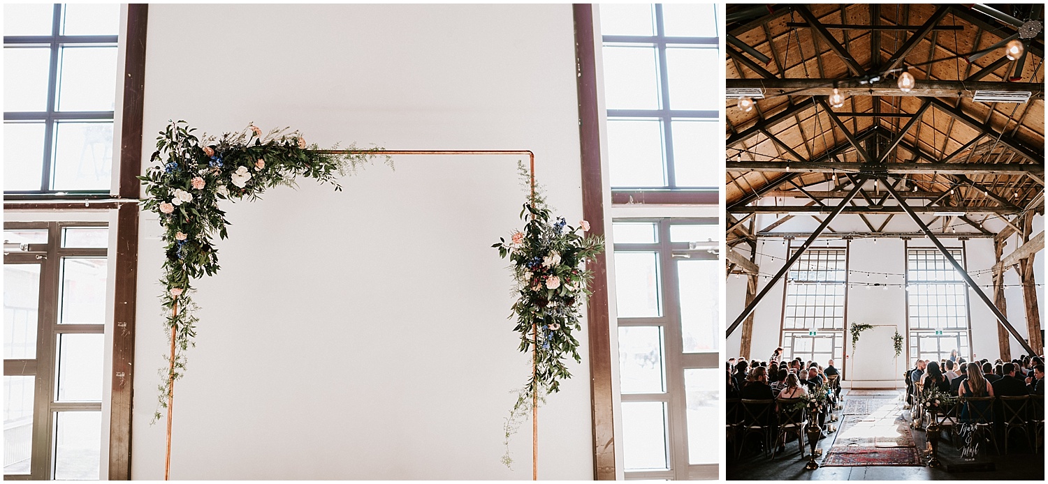 brass pipe wedding arch florals ceremony wedding decor diy bride unique greenery boho chic north vancouver intimate wedding stacie carr photography pipe shop venue