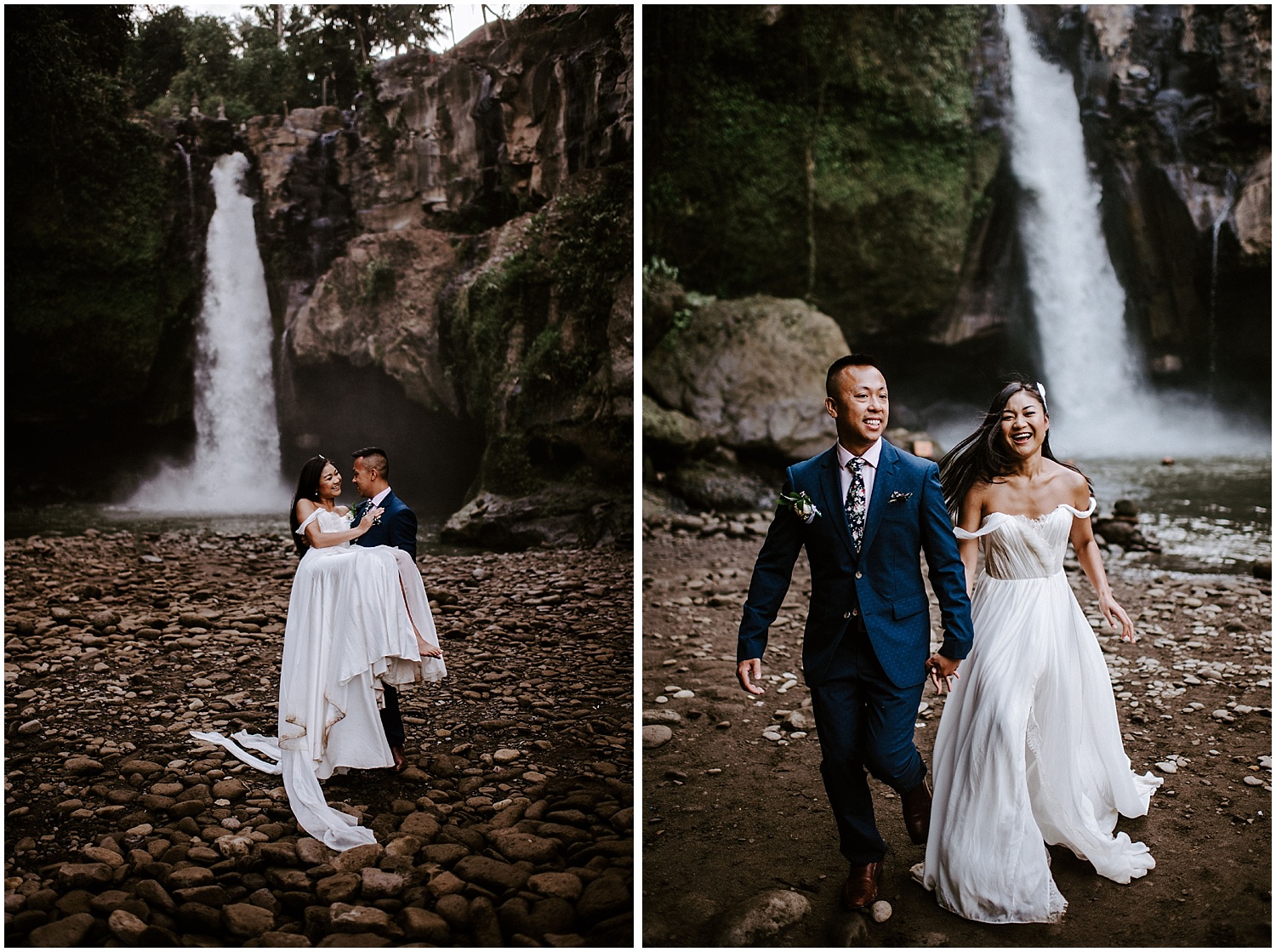 ubud bali tegenungan waterfall elopement photos fun couple emotive modern photography