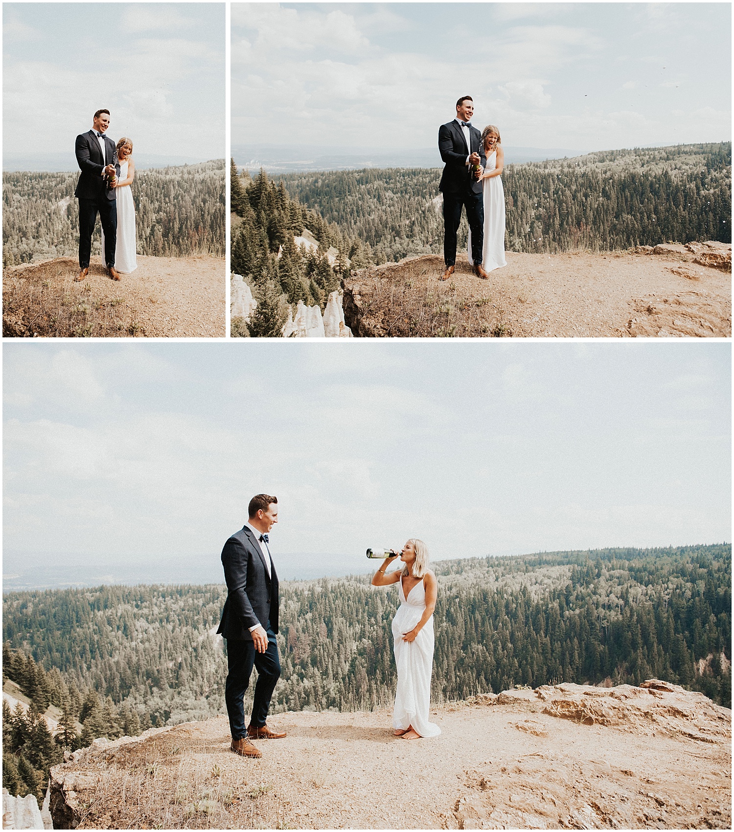  bc wedding photographer quesnel couple popping champagne fun photography pinnacles park lookout point 