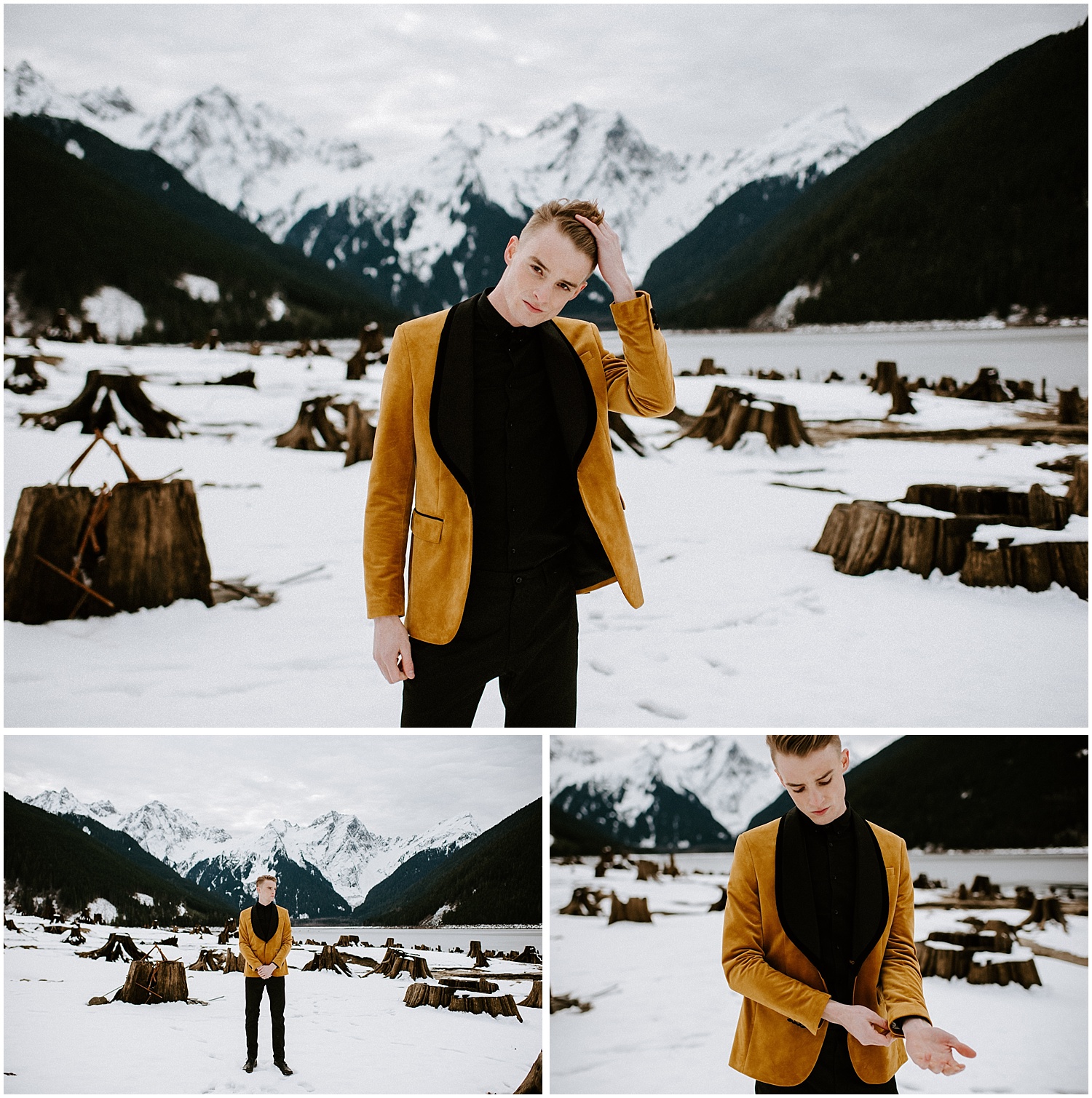 yellow zara suit jacket groom style winter elopement Vancouver bc jones lake stacie Carr photography