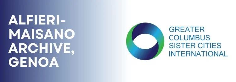 Test that says Alfieri-Maisano Archive, Genoa and the blue and green logo for the Greater Columbus Sister Cities International.
